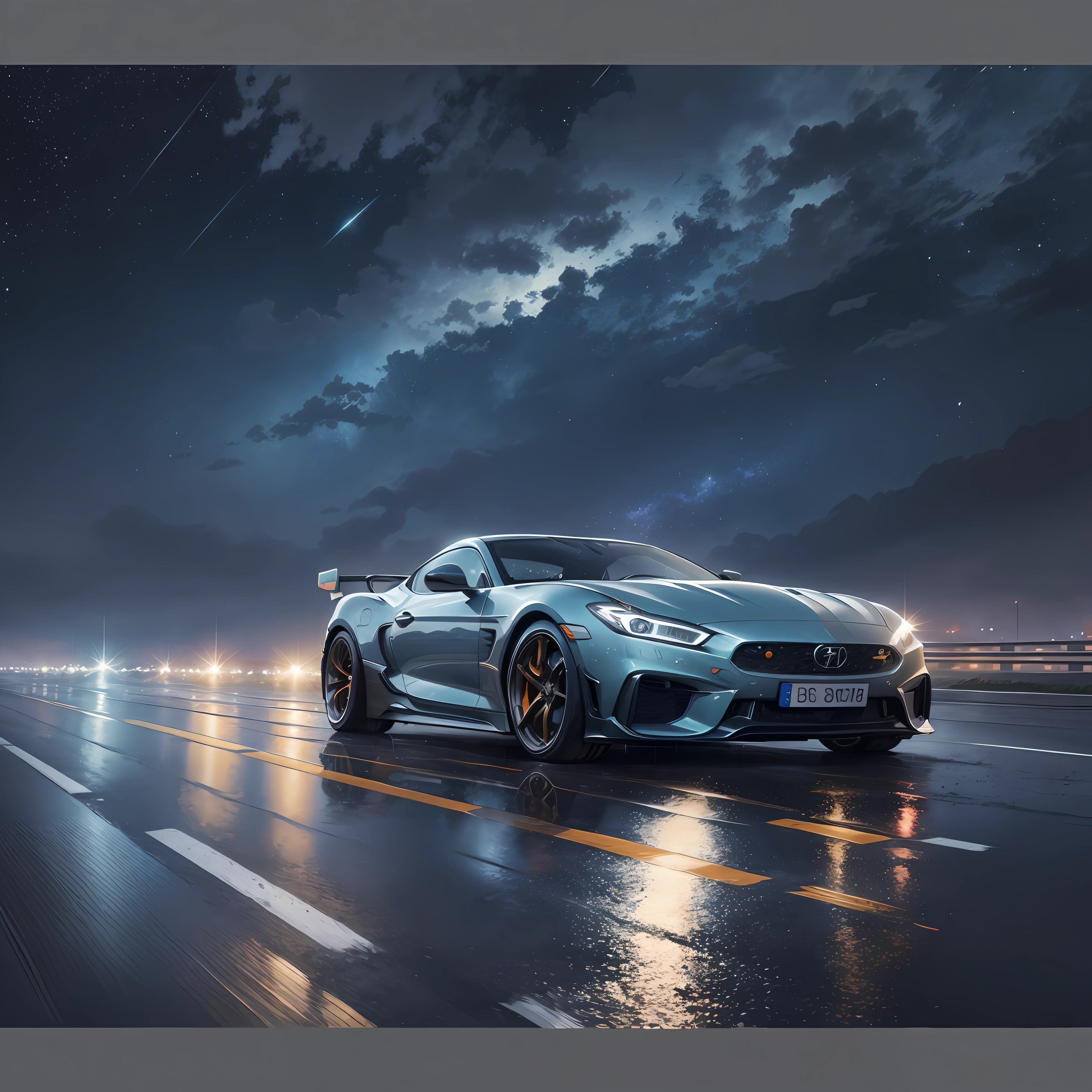 Detailed starry sky, sports car driving on rainy highway, no one, official art, best quality