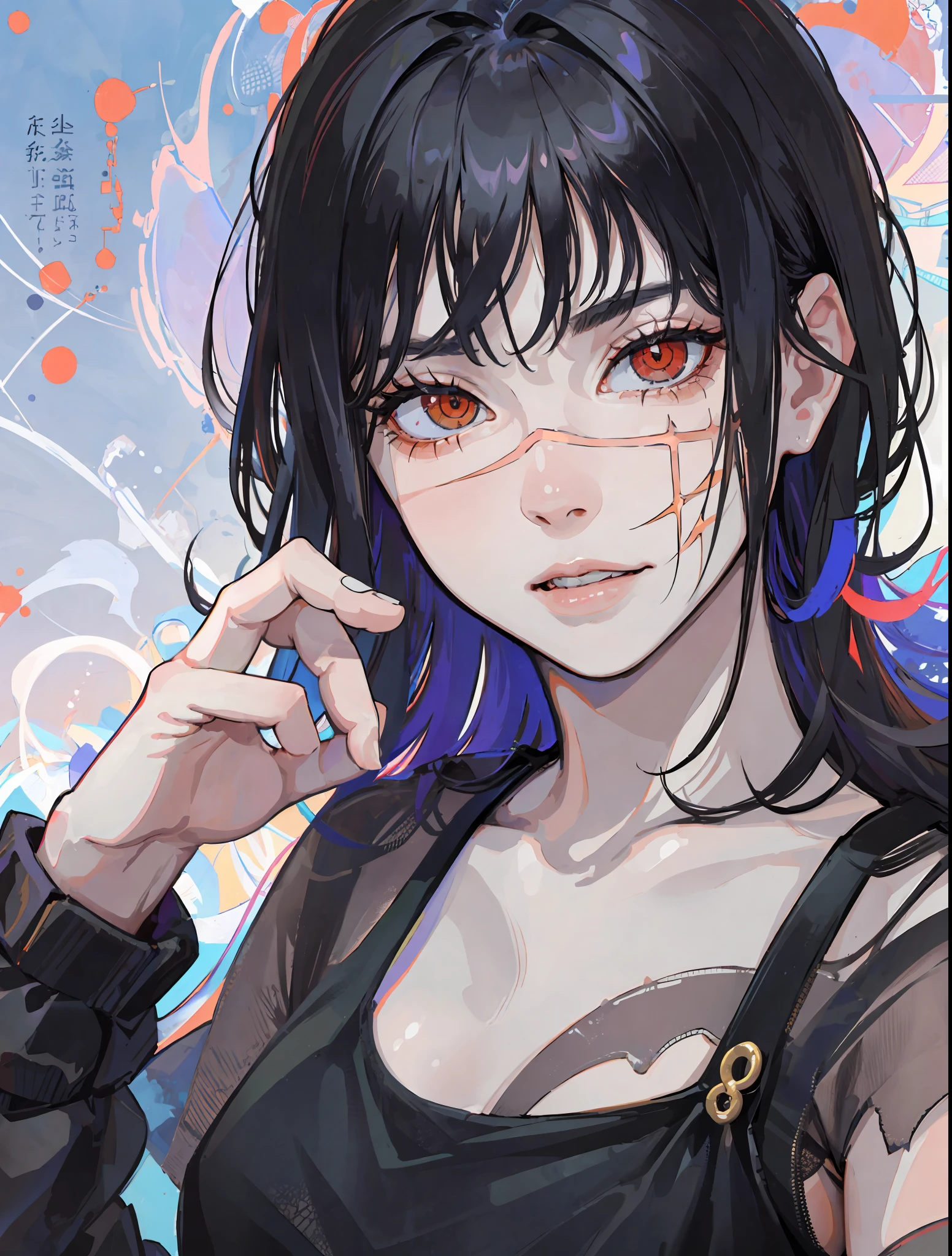 ((masterpiece, best quality)), (1girl), (solo), (female focus), yoru \(chainsaw man\),(very detailed face, real image, realistic white skin, realistic body, intricate details), looking at the viewer, black hair, intimidating look, casual clothes, small breasts