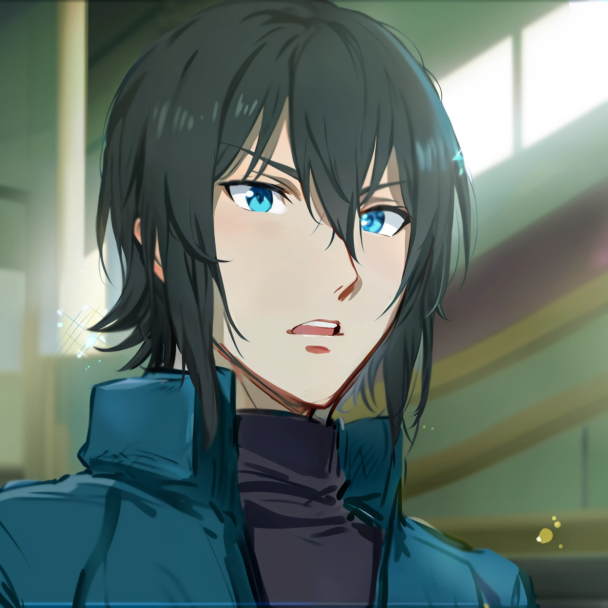 a close up of a person in a blue jacket and black hair, fubuki, okata kazuto, tall anime guy with blue eyes, masamune shiro, hijikata toushirou, hajime yatate, fukaya yuichiro, aragorn in an anime world, male anime character, as an anime character, masamune