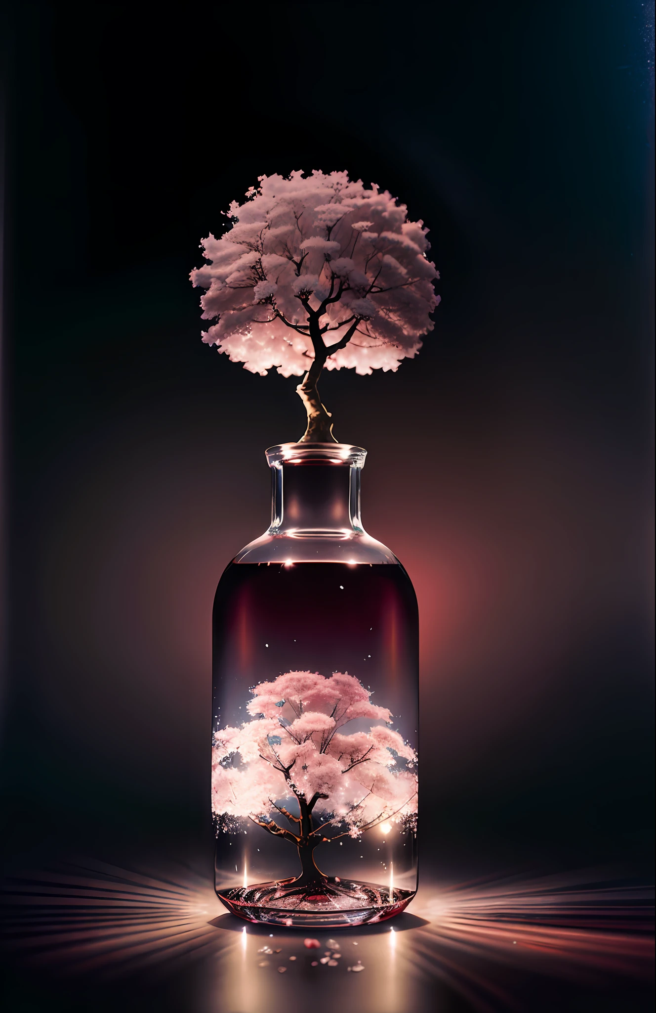 Cherry tree in a bottle, fluffy, realistic, atmospheric light refraction, photographed by lee jeffries, nikon d850 film Stock Photo 4 Kodak portra 400 camera f1.6 lens, rich colors, ultra realistic realistic textures, dramatic lighting, unreal engine trending on artstation cinestill 800, Style-Glass