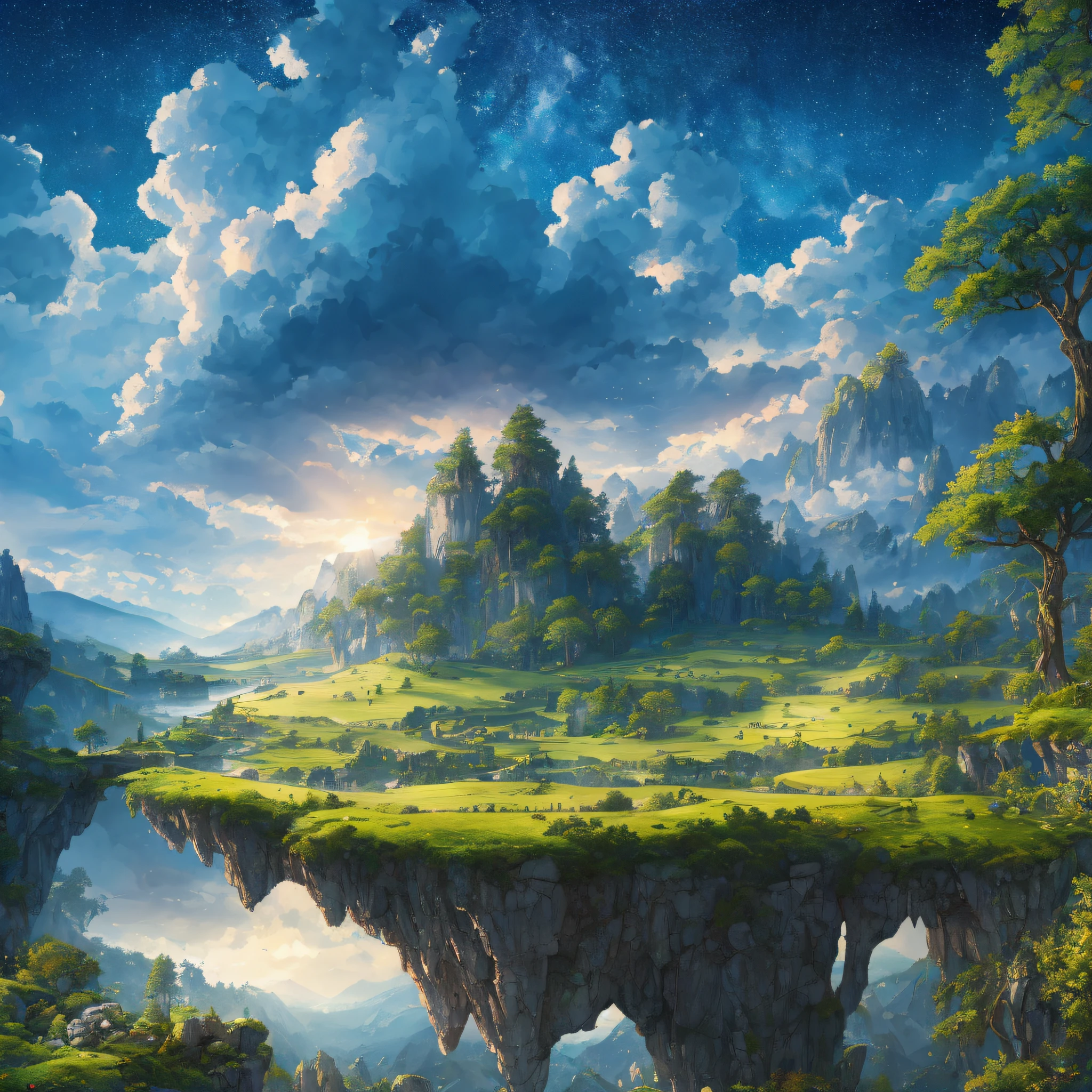 Masterpiece, best quality, high quality, extremely detailed CG 8k unit wallpaper, landscape,entrance to a forest sky, cloud, limestone, landscape, water, tree, guards, stars, nature, starry sky, award-winning photography, bokeh, depth of field, HDR, bloom, chromatic aberration, photorealism, very detailed, trend in artstation, trend in CGsociety, intricate, high detail, dramatic, art in the middle of the journey --auto --s2