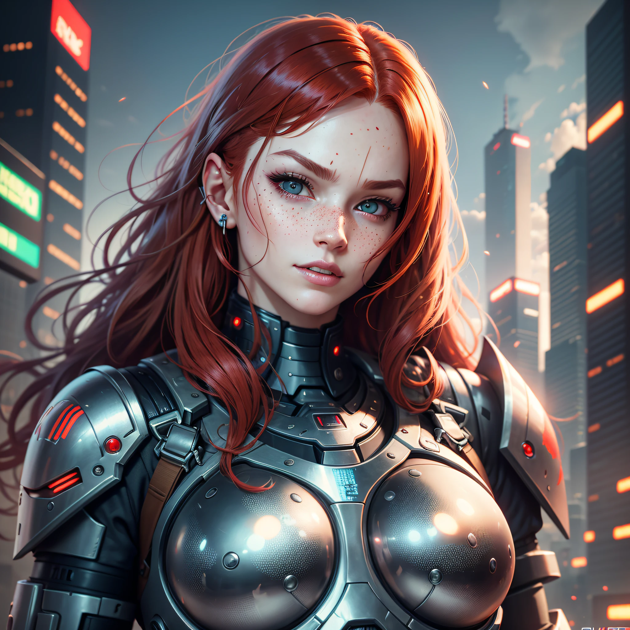 futuristic, cyberpunk, cute, woman, realistic, natural red head, freckles, cyborg, heavy armor, long hair, 4k, ear blush, fang, 8k, super detail, accurate, best quality 4k --auto --s2