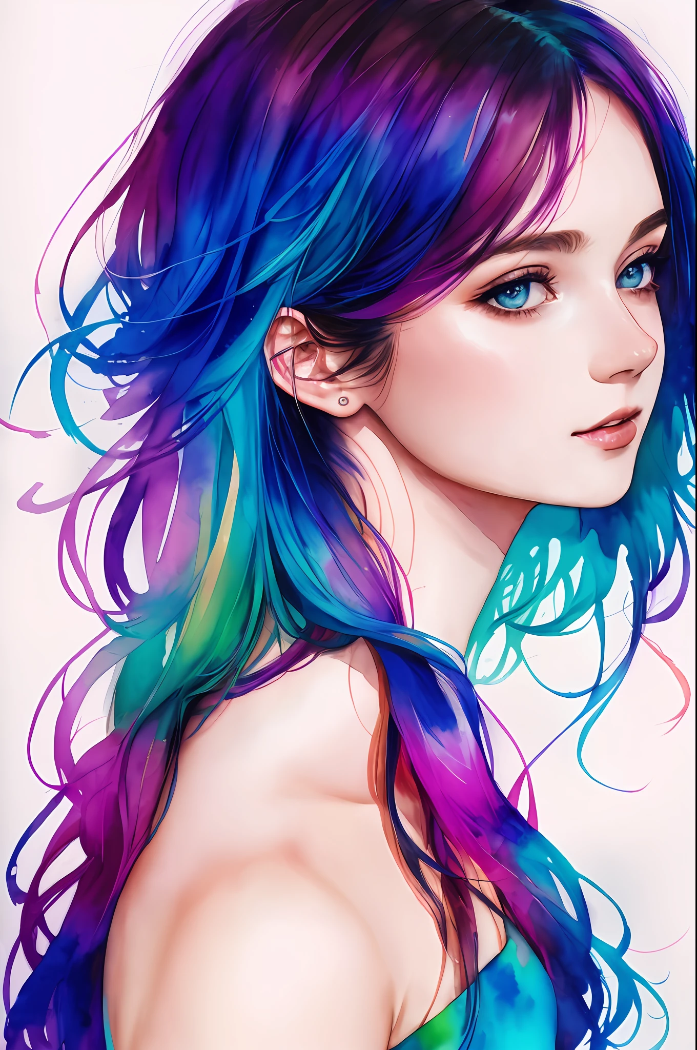 (8k, best quality, masterpiece:1.2),(best quality:1.0), (ultra highres:1.0), watercolor, a beautiful woman, shoulder, hair ribbons, by agnes cecile, half body portrait, extremely luminous bright design, pastel colors, (ink:1.3), autumn lights,