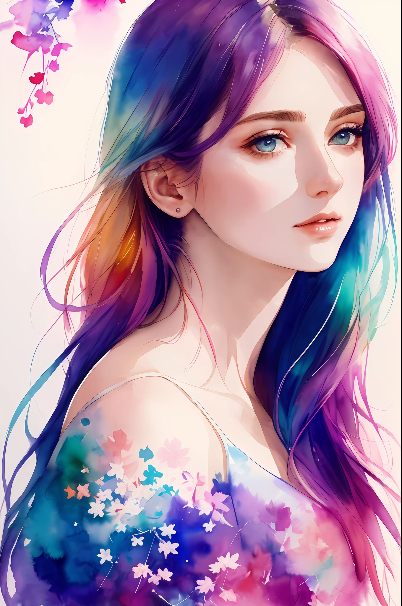 (8k, best quality, masterpiece:1.2),(best quality:1.0), (ultra highres:1.0), watercolor, a beautiful woman, shoulder, hair ribbons, by agnes cecile, half body portrait, extremely luminous bright design, pastel colors, (ink:1.3), autumn lights,