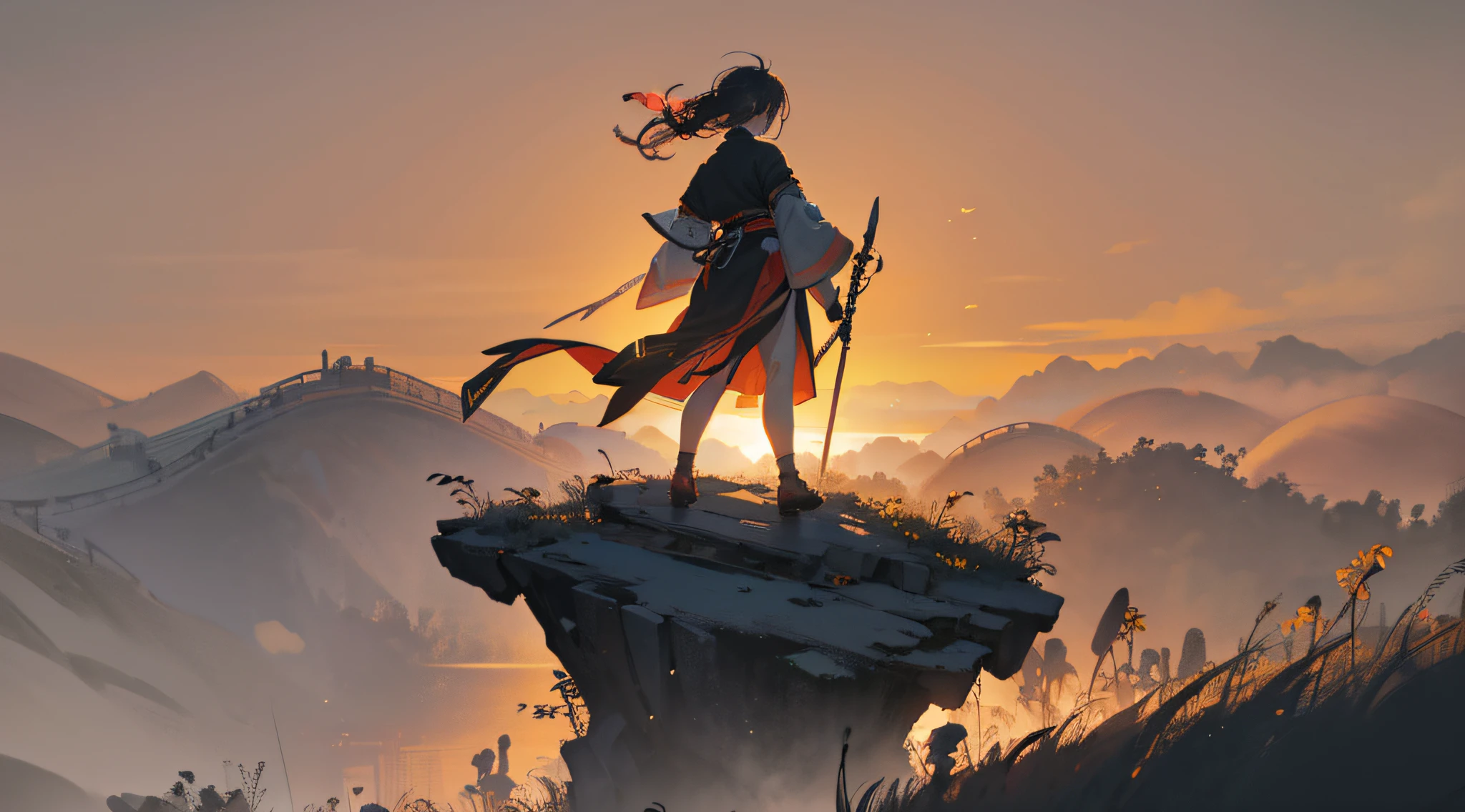 (Best Quality), (Masterpiece), (High Resolution), (Away from Camera), (Background Bokeh), (Backlight), Silhouette Lighting, Chinese Style, (Warrior), Sword in Hand, (Hairpin), Outdoor, (Standing on a Cliff), Hills, Bamboo Forest, ((Sunset Light))