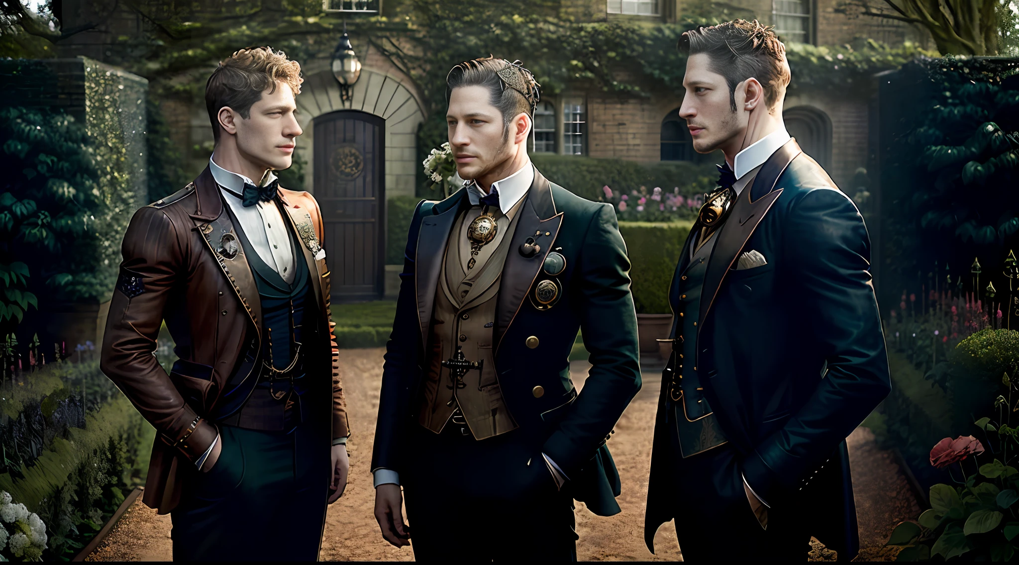 James Norton and Tom Hardy standing face to face very close to each other. They are standing in the garden with Steampunk aesthetics. Homo, gay, in style of Greg Rutkowski