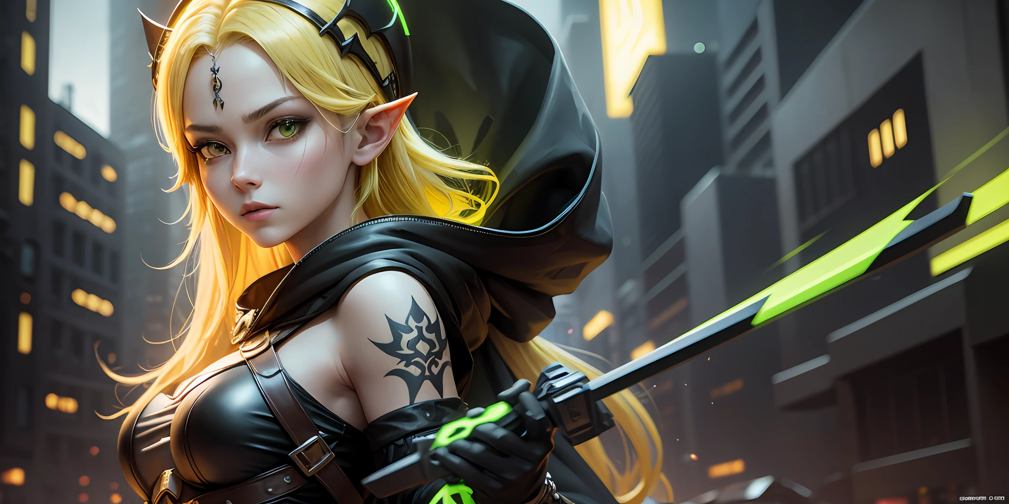 A full-body shot of Princess Zelda, yellow hair, yellow eyes, dressed as a Trudy from the matrix in black+neon green with a black mask and hood with green details, XL bust, holding a flaming Kunai attached to a chain. Background: Cybercity created in the Matrix at night. Unreal Engine 5, Anime, Anime style, Masterpiece, Well drawn eyes, well drawn face, well detailed eyes, well detailed face, 8k, light and shadow effect. --auto --s2