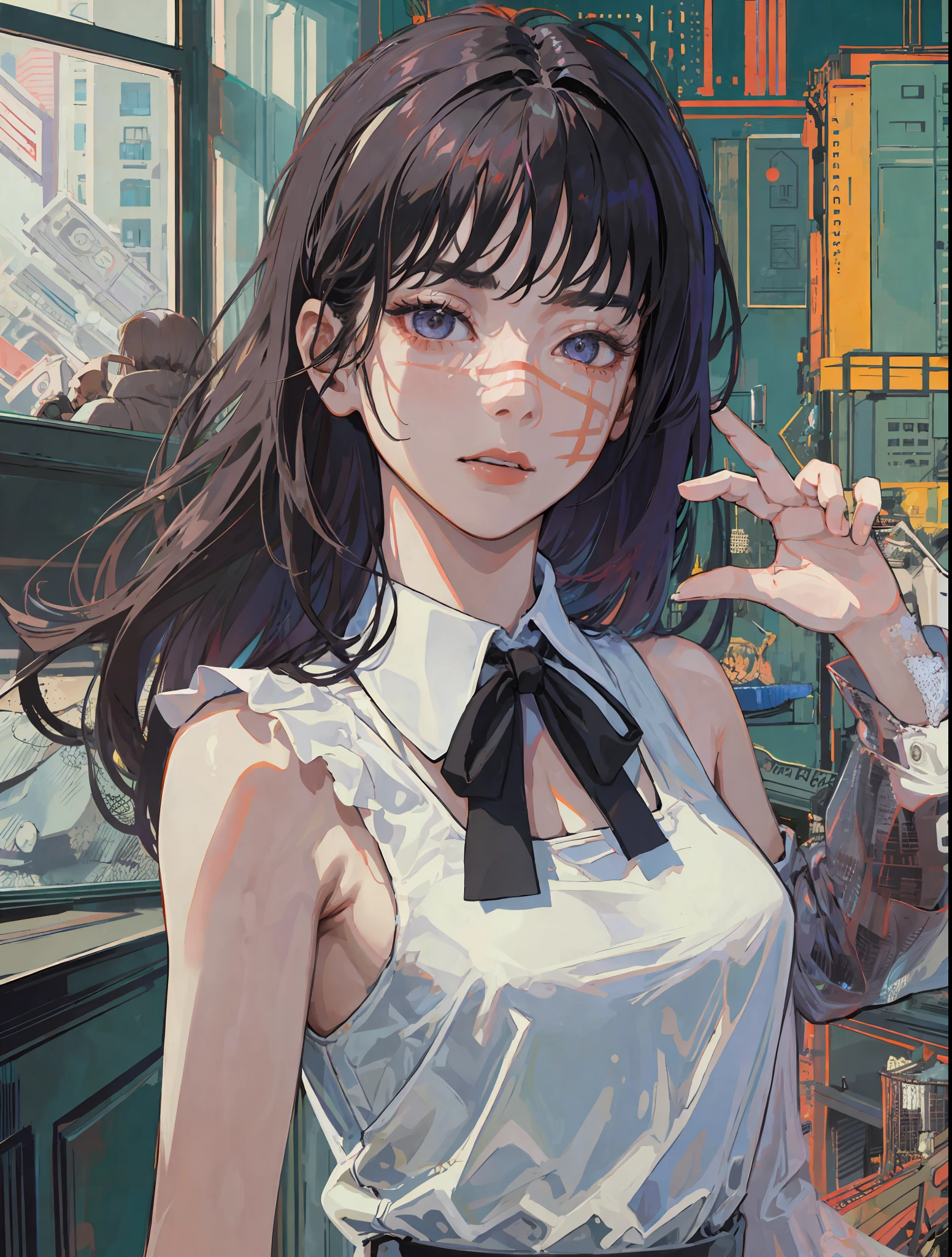 ((masterpiece, best quality)), (1girl), (solo), (female focus), yoru \(chainsaw man\),(very detailed face, real image, realistic white skin, realistic body, intricate details), upper body, focus on face, intimidating look, black pinafore dress, neck ribbon, small breasts