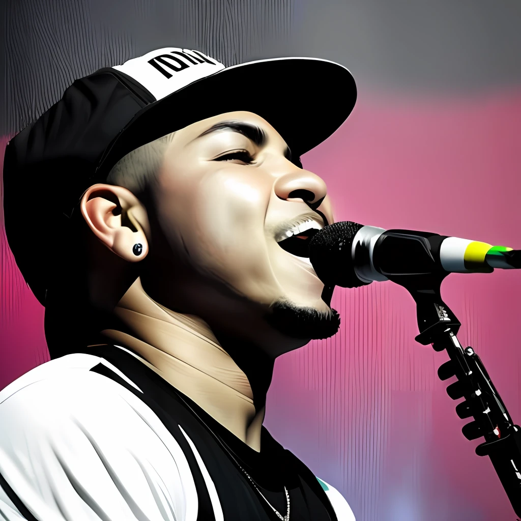 "Imagine a scene where Charlie Brown Jr frontman Chorão is performing on a stage. He is holding the microphone with energy and enthusiasm as he sings one of his iconic songs. His facial expression is full of emotion and passion for music. Around him, the band members are playing their instruments with skill and intensity. Create a realistic painting of this scene, capturing the details of Chorão's expression, the movements of the music and the vibrant atmosphere of the concert."