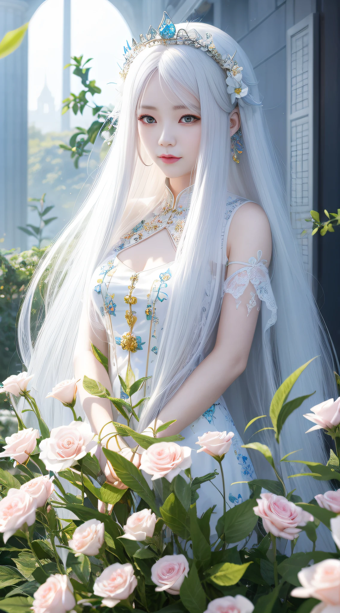 Girl with long white hair and dress with flowers, digital art inspired by Ai Xuan, trend in CG society, fantasy art, ((beautiful fantasy queen)), ethereal beauty, beautiful fantasy queen, 8k high quality detail art, beautiful fantasy anime, ethereal fantasy, beautiful young wind spirit, guweiz, cgstation trend (( smiling premium silk transparent))