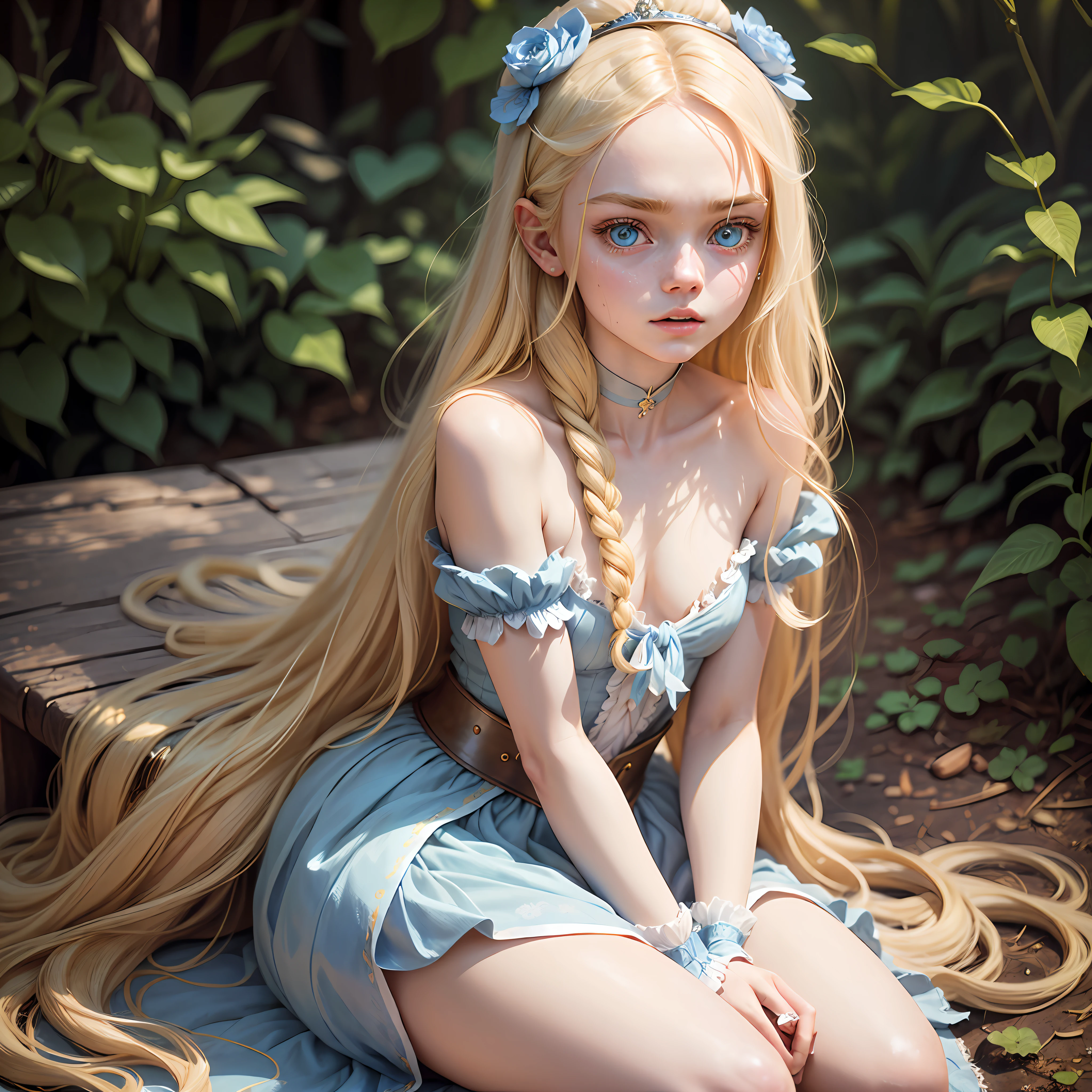 Textured skin, sweat, a single girl, solo, Elle Fanning as Alice in Wonderland, cute, realistic blue eyes, girl (11 years old) with blonde hair, sitting on a bench, blonde, bare and exposed cravicula, tie, cleavage, no breasts, lovely languid princess, small breasts, beautiful model, beautiful princess, beautiful female princess, a dazzling young ethereal figure,  Princess portrait, with long blonde hair, portrait of a princess, long blonde hair and big eyes, princess portrait, beautiful young girl, long blonde hair and big eyes, cute face, pink skin, best quality, ultra high resolution, (photorealistic), (detailed face and eyes), award-winning photographer, sharp focus, realistic lighting --auto --s2