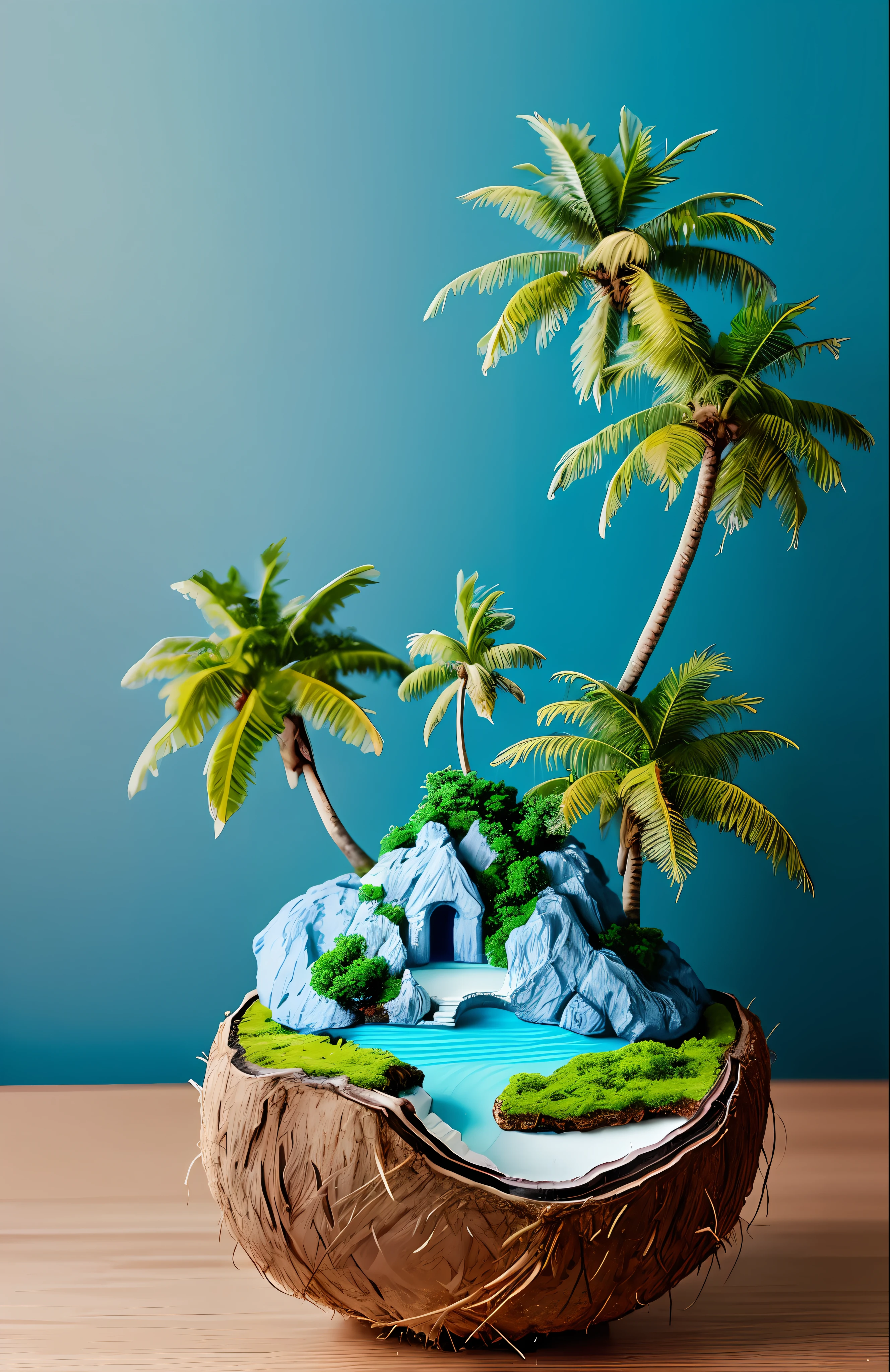 A miniature island with coconut tree photographed in a studio, realistic, sharpness hyper focus of professional canera, clean background in blue color, outrun, vaporware, trend in artstation, highly detailed, fine detail, intricate
