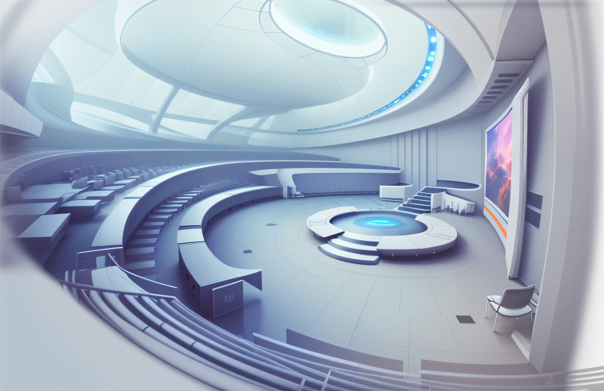 3D. Computer Painting, Conceptual Illustration, Speed Painting, Archillect Concept Art, Futuristic Environment, Futuristic Landscape, Futuristic Painting, Digital Sketch, Amphitheater Inside, Lecture Hall with Rounded Huge Window, Sex Paradise, Sofa and Stage in the Middle, Podium