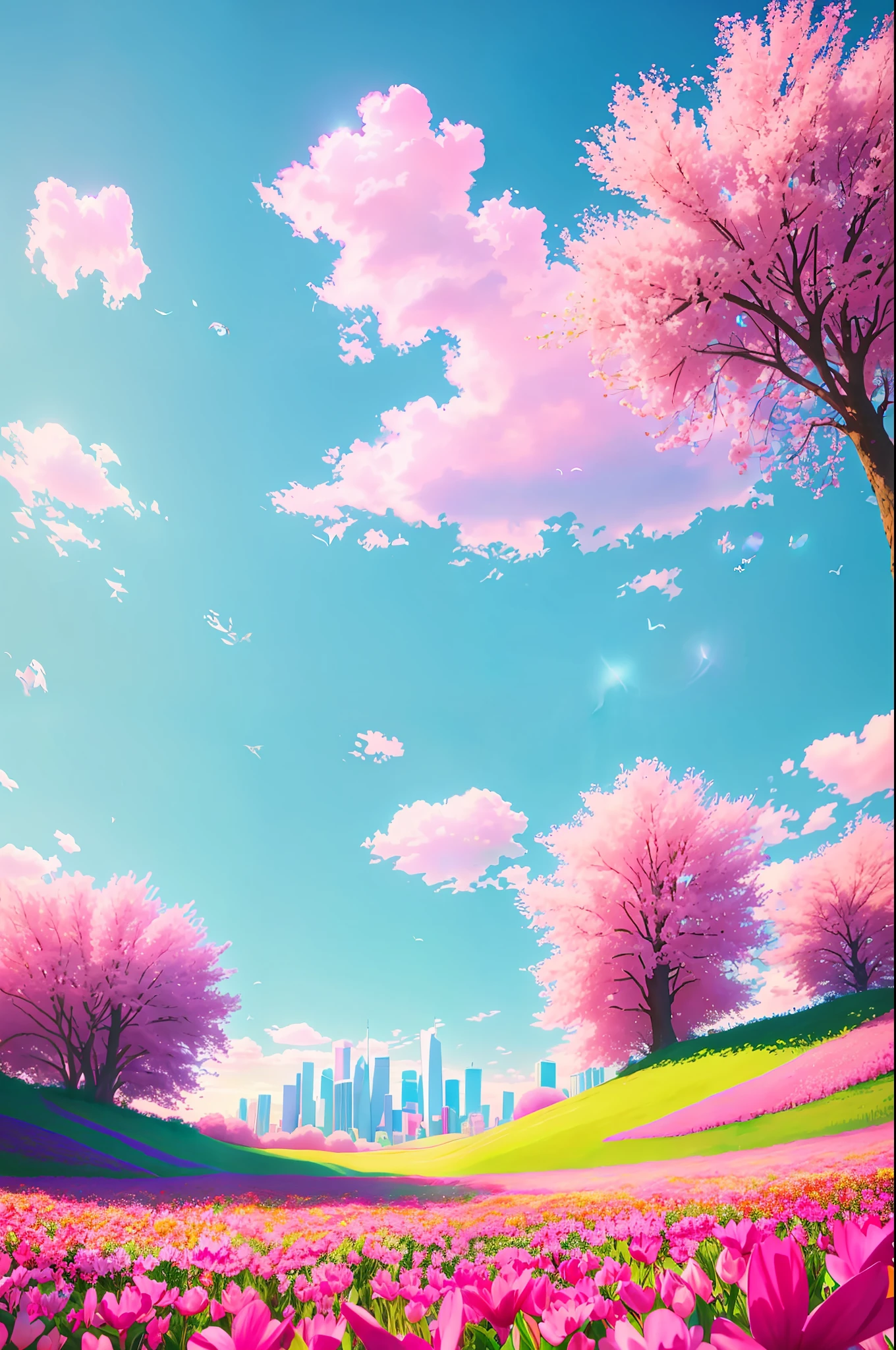 vibrant pink coloring, skyscrapers, highly saturated colors, Fujifilm Fujichrome Provia 100F film, flower field, pure and dreamy symbolism, (pastel colors:1.2), (photon mapping), octane rendering + surreal, storage, (8K), HDR, sunny,