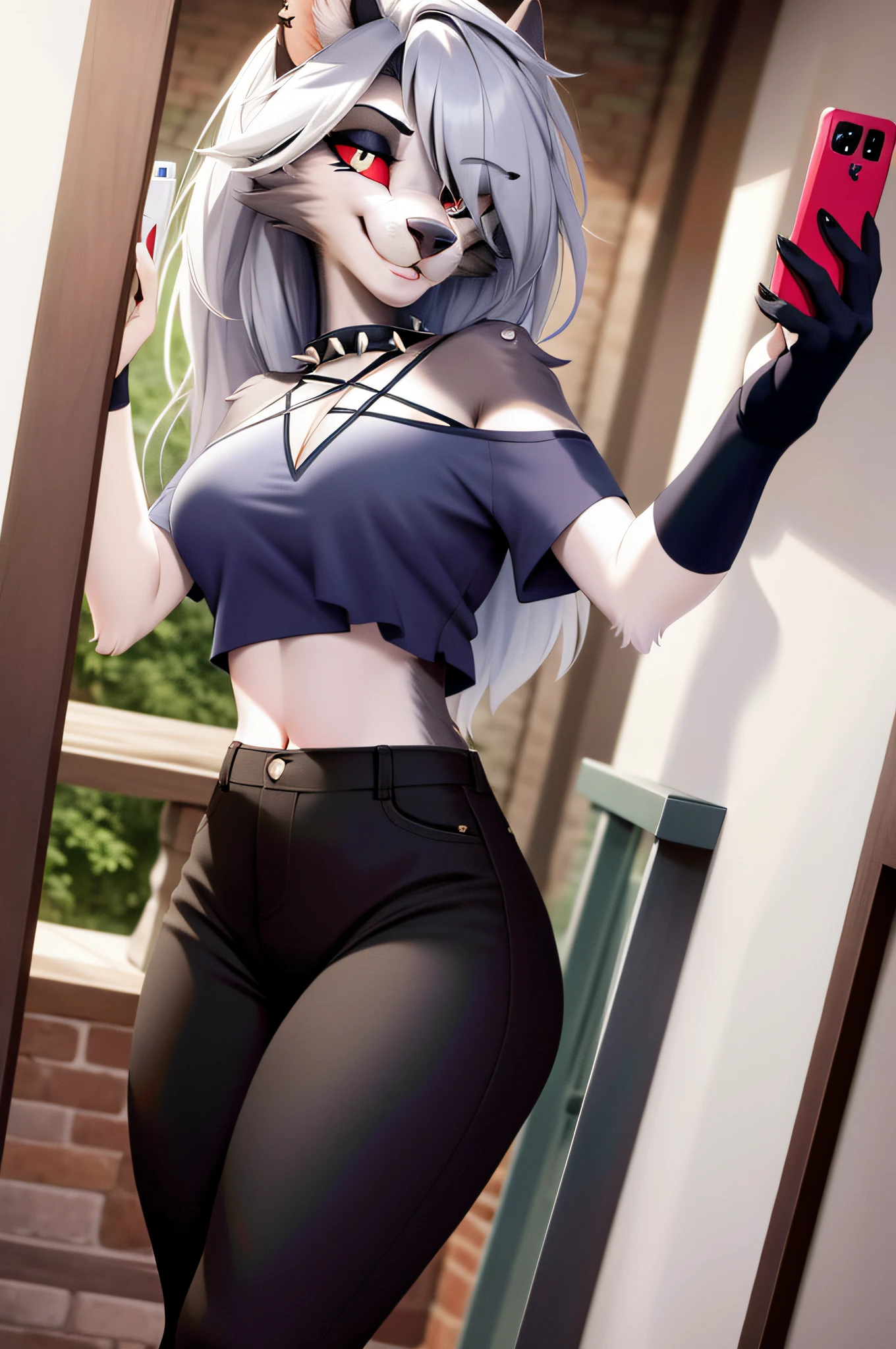 masterpiece, best quality, facial portrait of a female anthro loona hellhound, loonacroptop, detailed face, detailed eyes, cropped pupils, white eyes, red sclera, happy, tight pants, tight and detailed black leggings, [smile, [spiked necklace], pentagram], standing, standing, looking at the viewer, outside, nature in the background, flirtatious expression, somewhat large thighs, selfie, taking a selfie