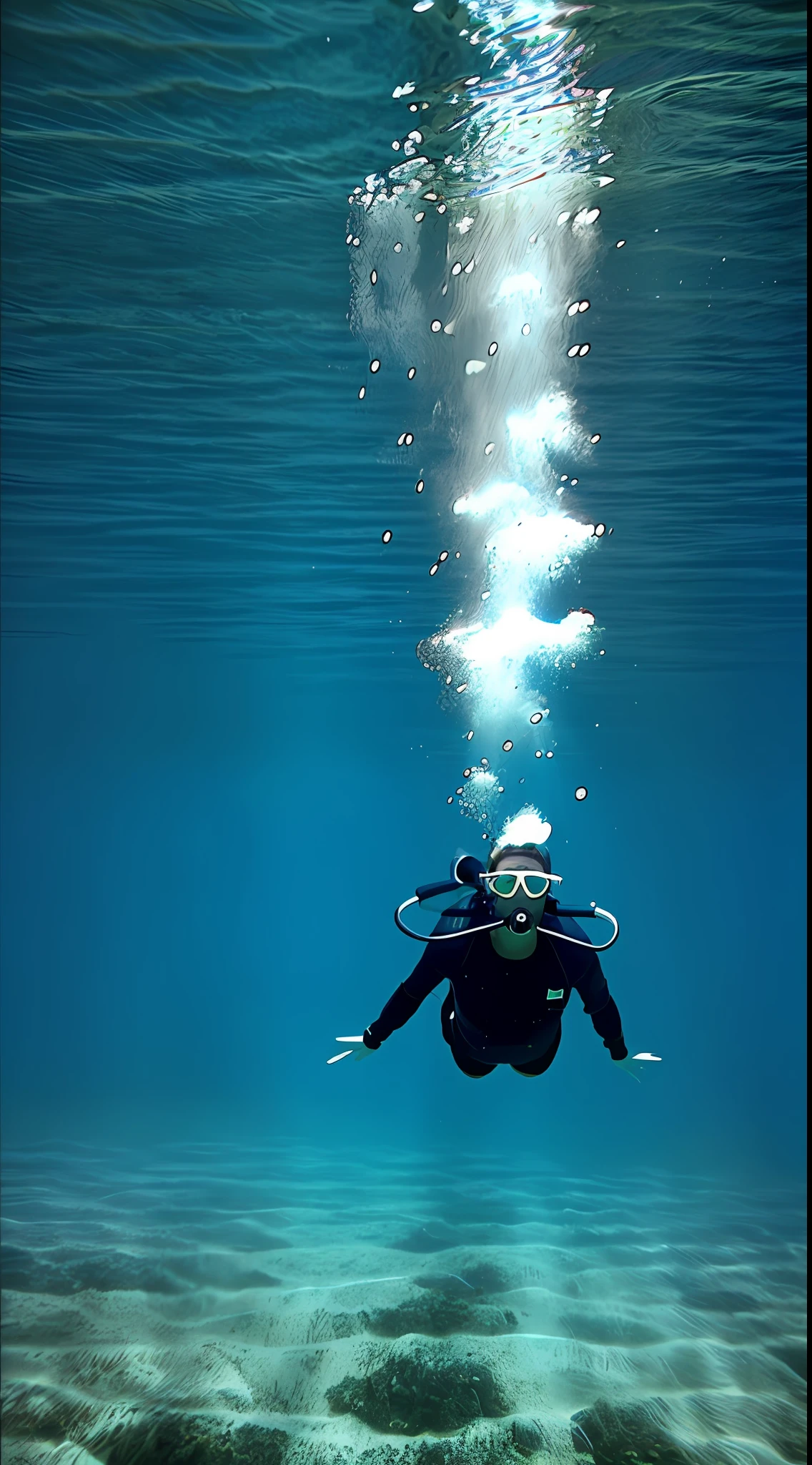 (realistic) there is a person swimming in the ocean with a diving board, a diver is under the sea, a diver is under the sea, swimming to the surface, under the water swimming, standing under the sea, swimming deep underwater, underwater perspective, middle of the ocean, diver hide in the underwater water, fish, photo of the middle of the ocean, incredible depth, Brazilian sea