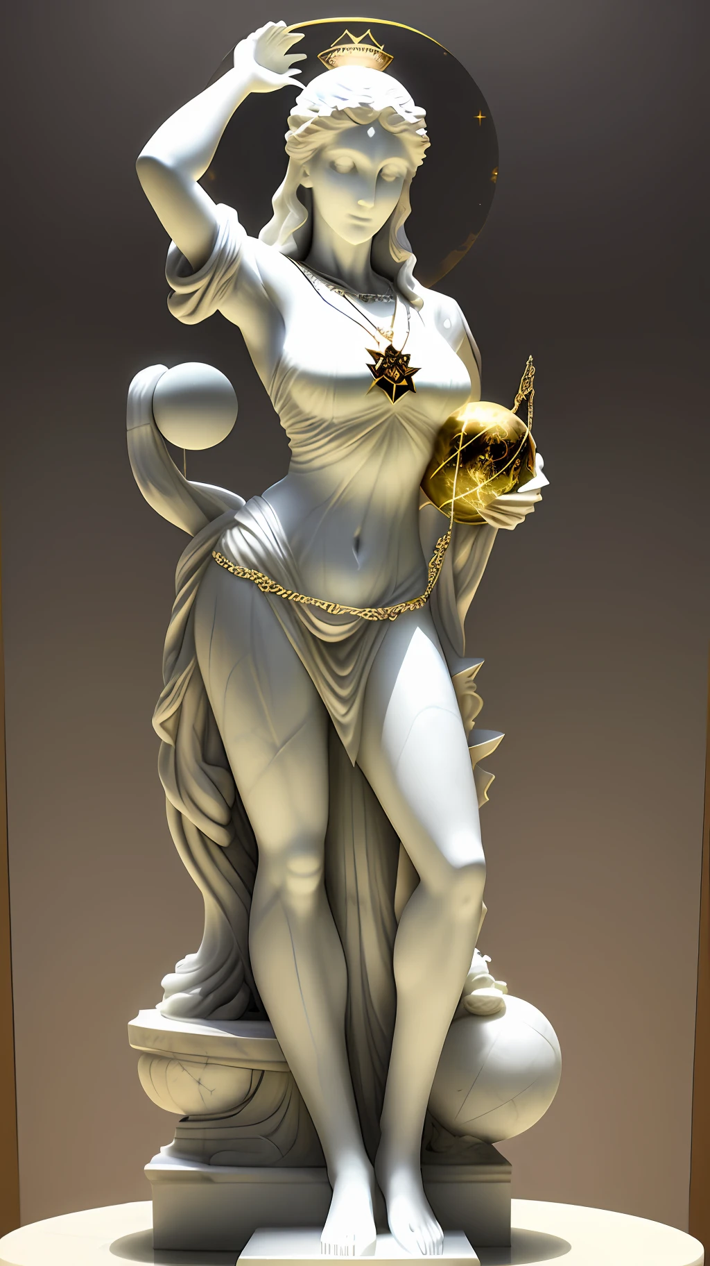 a marble statue of a woman with a pentagram necklace holding the planet jupiter in her hands