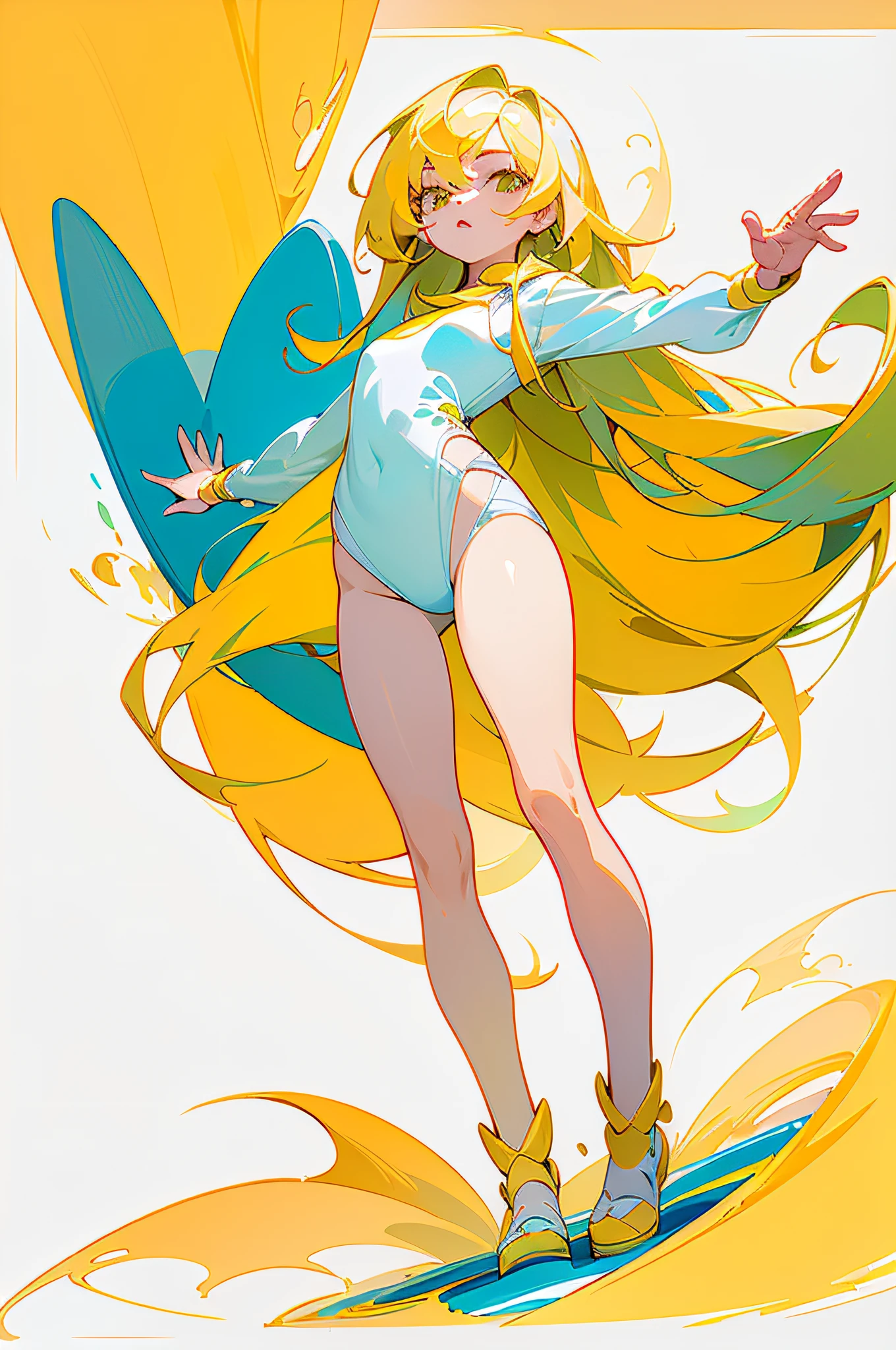 ro(masterpiece:1.3), (the best quality:1.2), (super fine illustrations:1.2), (Masterpiece), high quality, high detail,(SOLO:1.4),((round image)),[(white background:1.1)::5]

{1 girl},{solo},(((full body))),{{{only five fingers}}},((yellow))long  hair((yellow and (White) ends)), girl in underwear in a beach enviroment