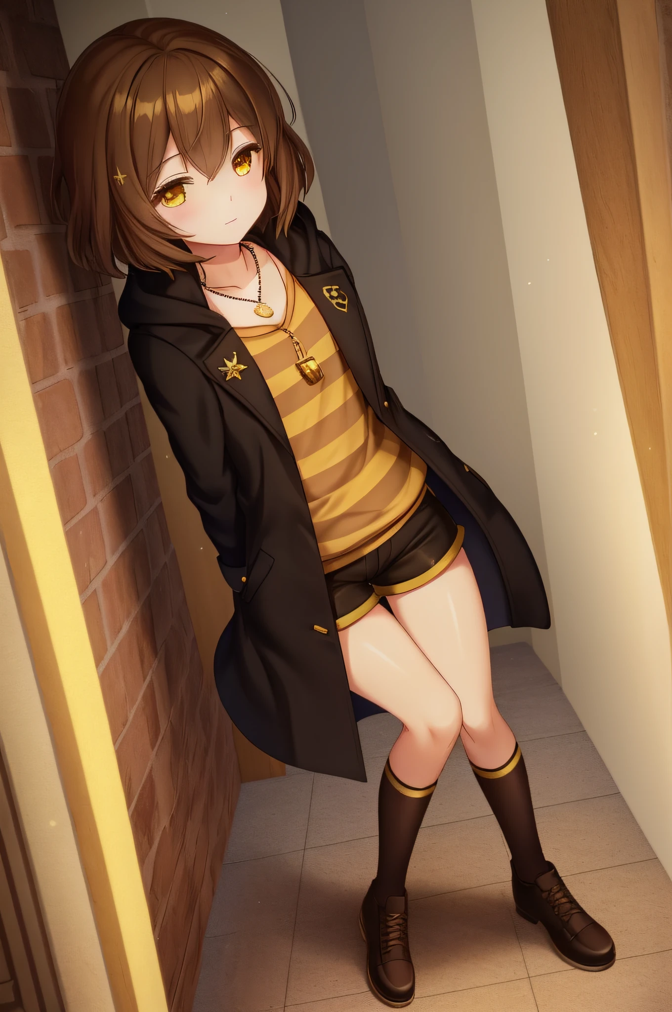 ((best quality)), ((masterpiece)), (detailed), Undertale Frisk, solo, brown hair, (brown shorts: 1.3), bob cut, short hair, black pantyhose with yellow stripes, (yellow shirt with brown stripes: 1.3), yellow eyes, (1girl: 1.3), (solo: 1.3), stripes, striped shirt, black coat, with a coat, black coat, slightly thick thighs, a necklace with a small golden heart ornament medallion, Delta logo rune on the medallon, standing in a hallway, inside a house