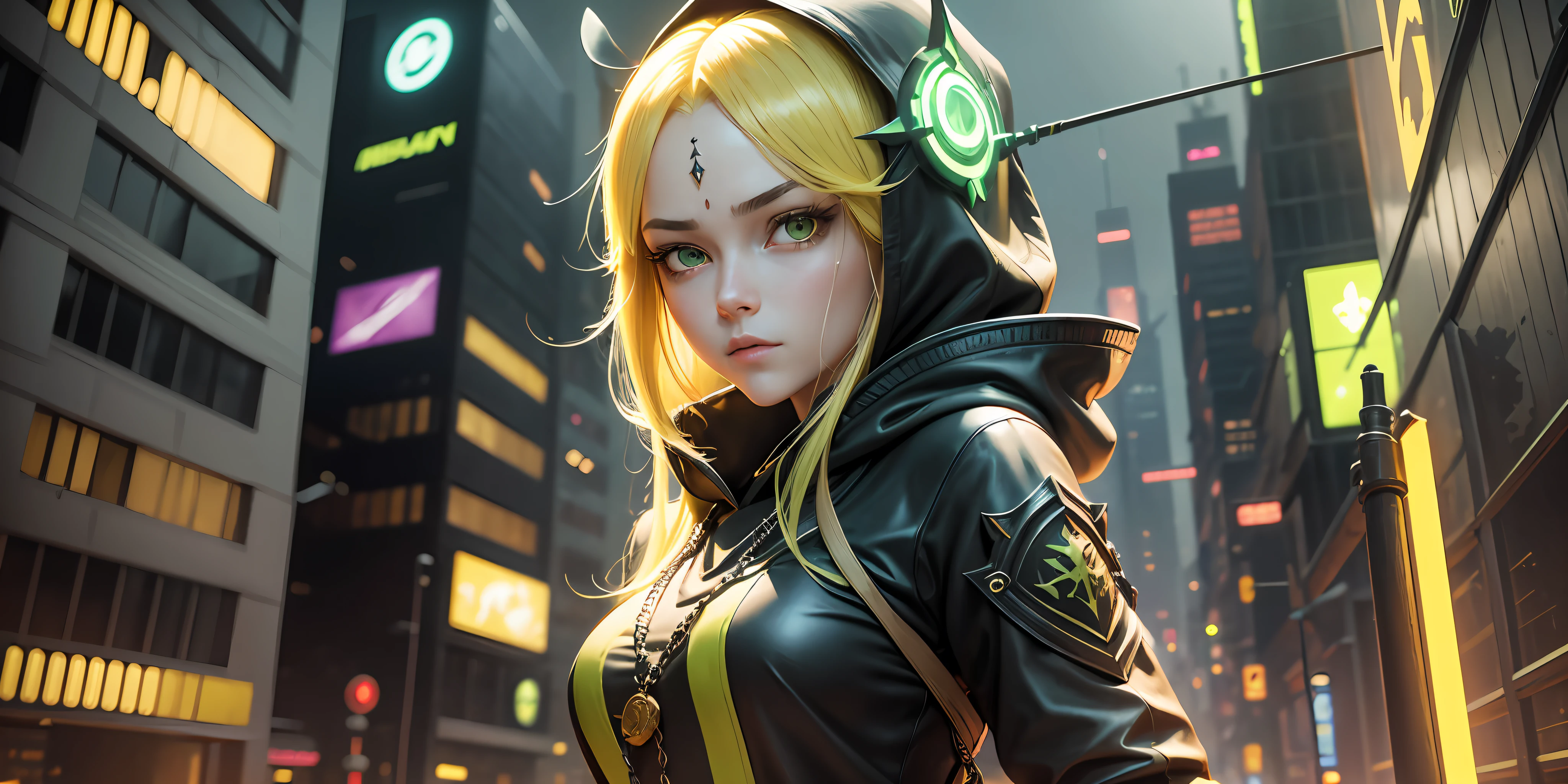 A full-body shot of Princess Zelda, yellow hair, yellow eyes, dressed as a Trudy from the matrix in black+neon green with a black mask and hood with green details, XL bust, holding a flaming Kunai attached to a chain. Background: Cybercity created in the Matrix at night. Unreal Engine 5, Anime, Anime style, Masterpiece, Well drawn eyes, well drawn face, well detailed eyes, well detailed face, 8k, light and shadow effect. --auto --s2