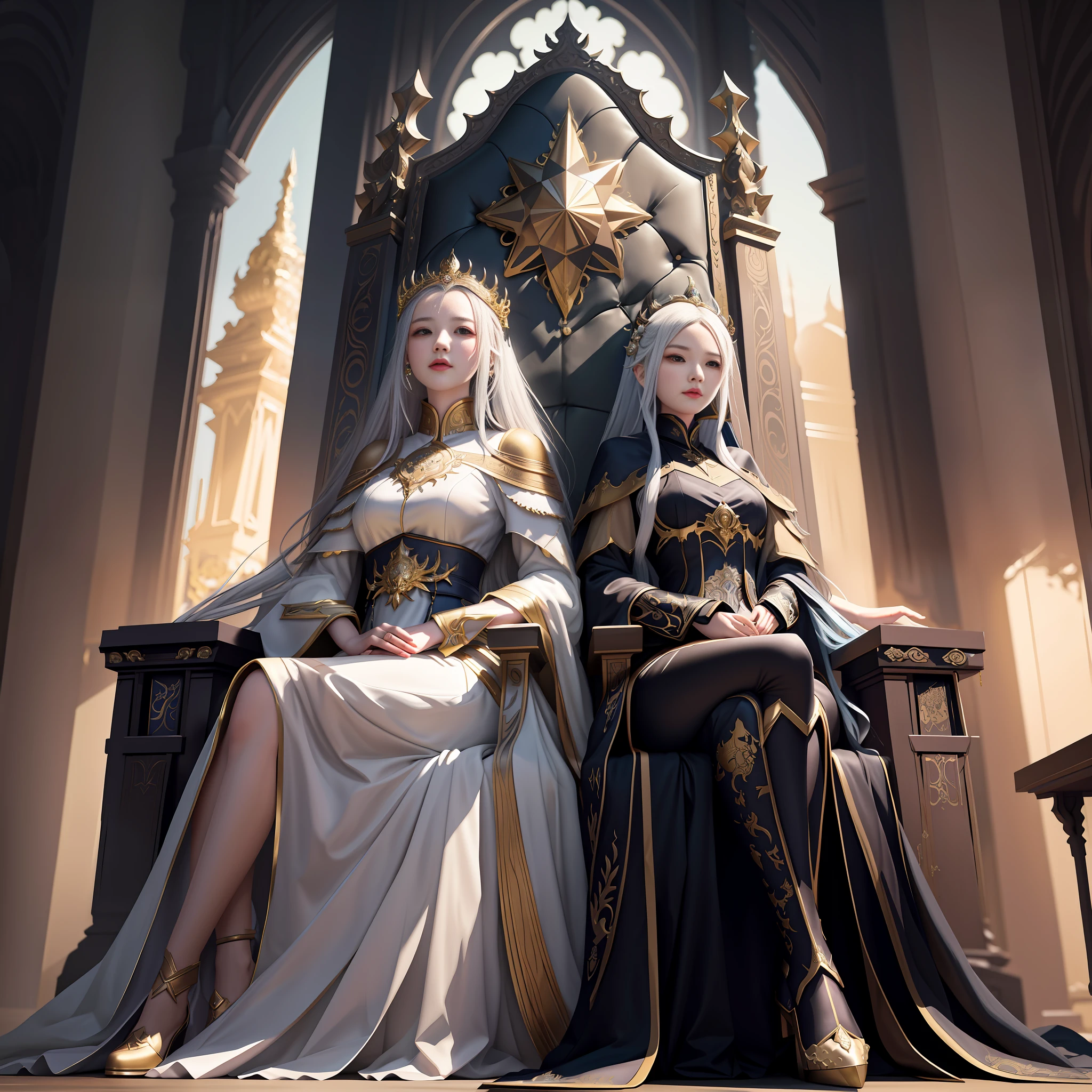 there are two women sitting on a throne in a room, wlop and ross tran, elegant cinematic fantasy art, wlop and sakimichan, artwork in the style of guweiz, fanart best artstation, queen and ruler of the universe, sitting in a gilded throne, guweiz on artstation pixiv, ross tran and wlop