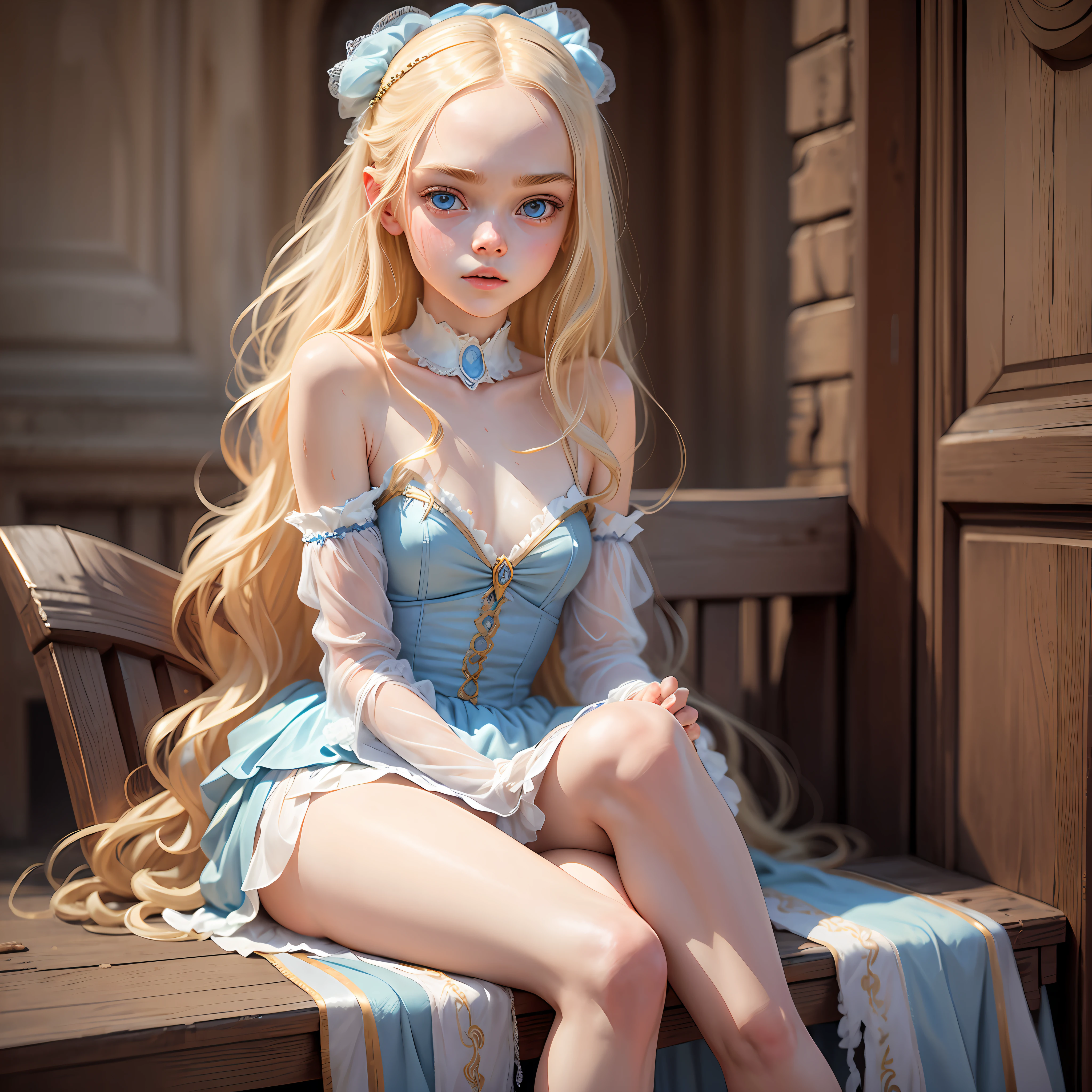Textured skin, sweat, a single girl, solo, Elle Fanning as Alice in Wonderland, cute, realistic blue eyes, girl () with blonde hair, sitting on a bench, blonde, bare and exposed cravicula, tie, cleavage, no breasts, lovely languid princess, small breasts, beautiful model, beautiful princess, beautiful female princess, a dazzling young ethereal figure,  Princess portrait, with long blonde hair, portrait of a princess, long blonde hair and big eyes, princess portrait, beautiful young girl, long blonde hair and big eyes, cute face, pink skin, best quality, ultra high resolution, (photorealistic), (detailed face and eyes), award-winning photographer, sharp focus, realistic lighting --auto --s2