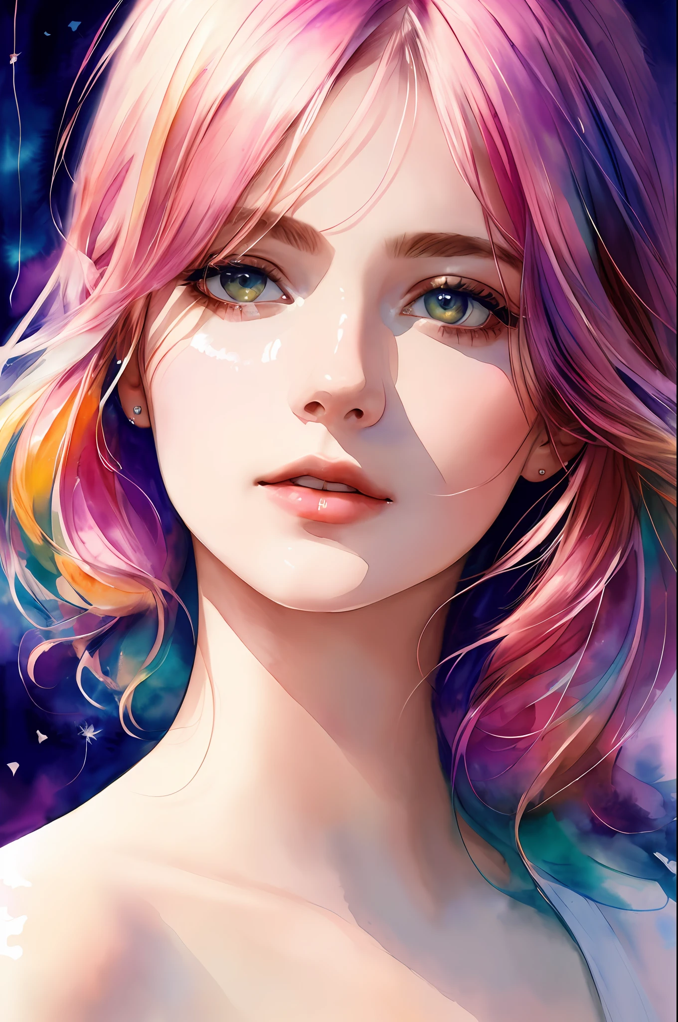 (8k, best quality, masterpiece:1.2),(best quality:1.0), (ultra highres:1.0), watercolor, a beautiful woman, shoulder, hair ribbons, by agnes cecile, half body portrait, extremely luminous bright design, pastel colors, (ink:1.3), autumn lights,