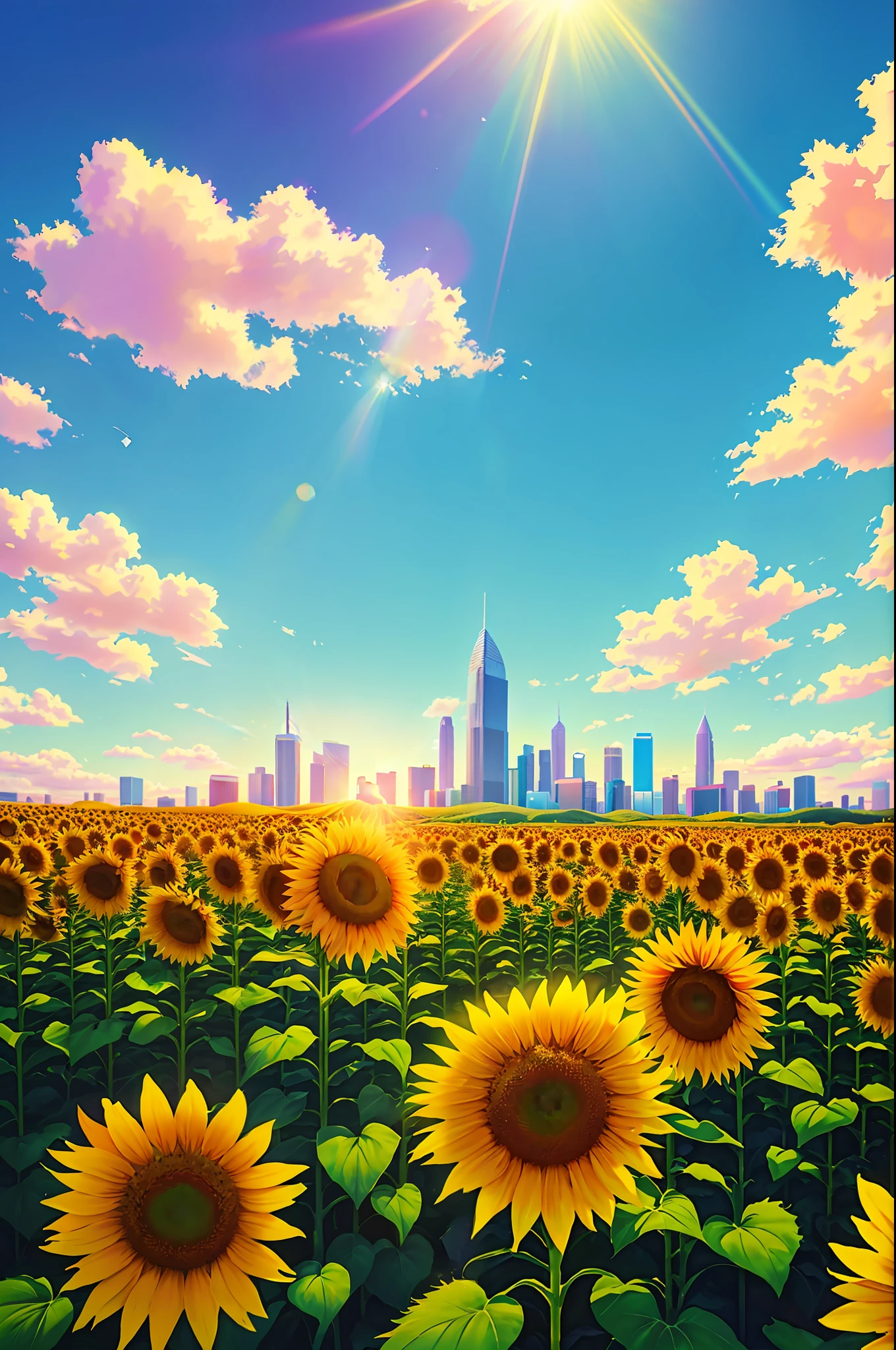 vibrant yellow coloring, skyscraper, highly saturated color, Fujifilm Fujichrome Provia 100F film, sunflower field, pure and dreamy symbolism, (pastel color:1.2), (photon mapping), octane rendering + surreal, storage, (8K), HDR, sunny,