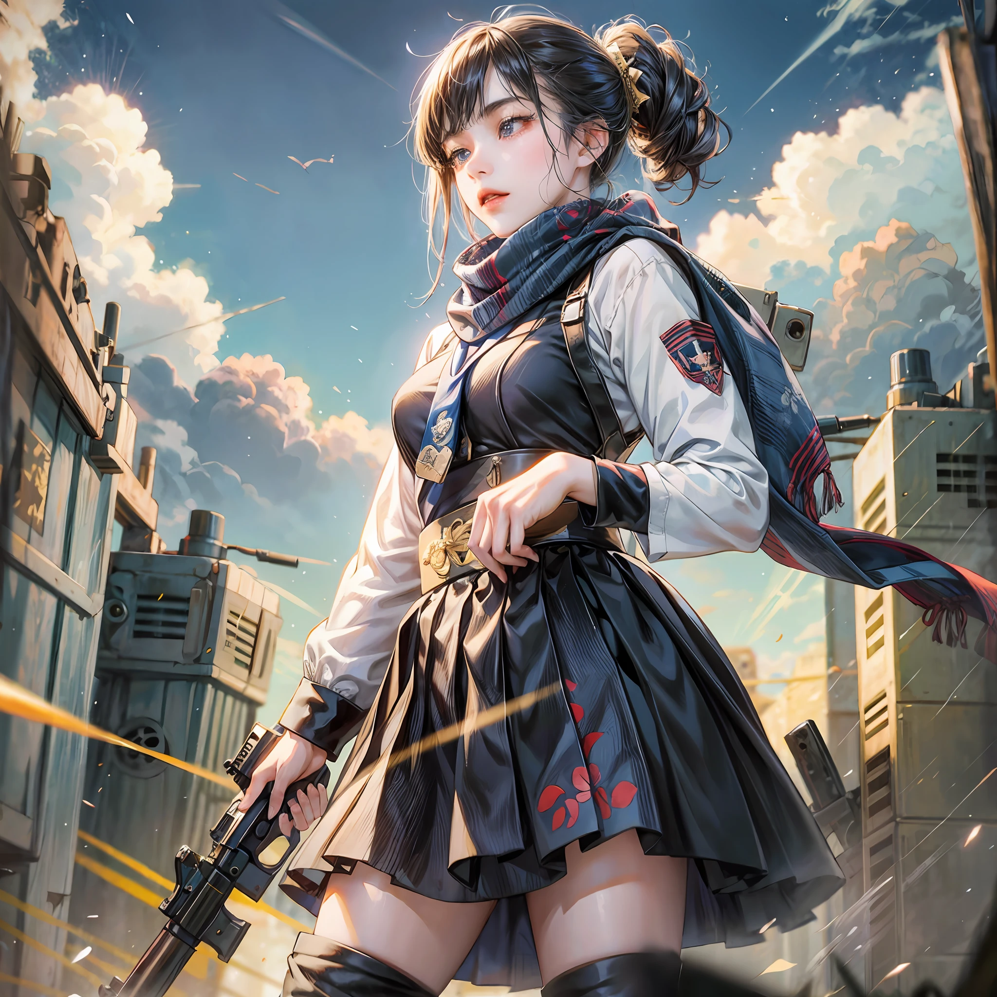 Japanese anime style. battle field. woman. Navy soldier. scarf. skirt. machine gun. Are standing. Whole body. from below. --auto --s2