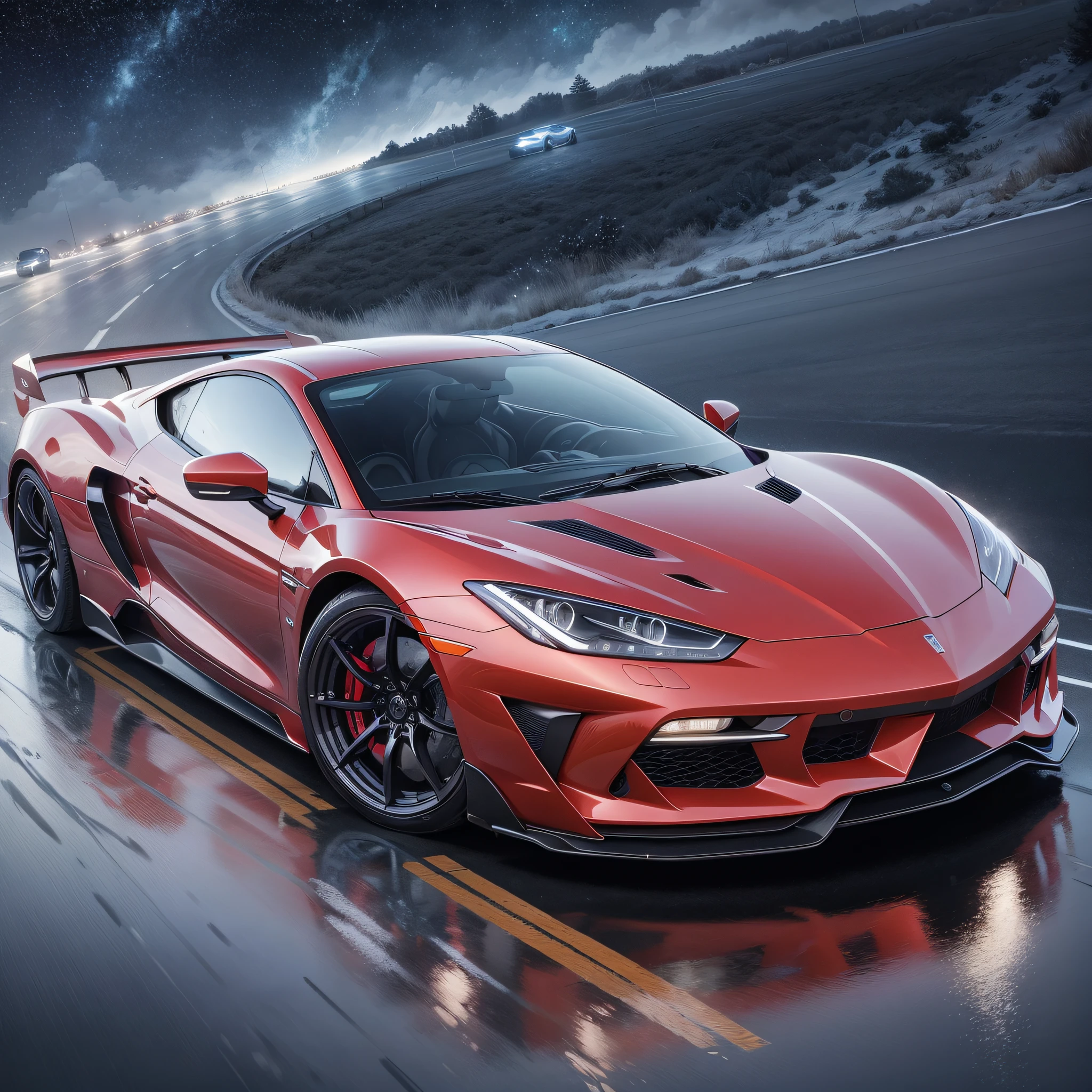 Detailed starry sky, sports car driving on rainy highway, unmanned, official art, best quality, body streamer,
