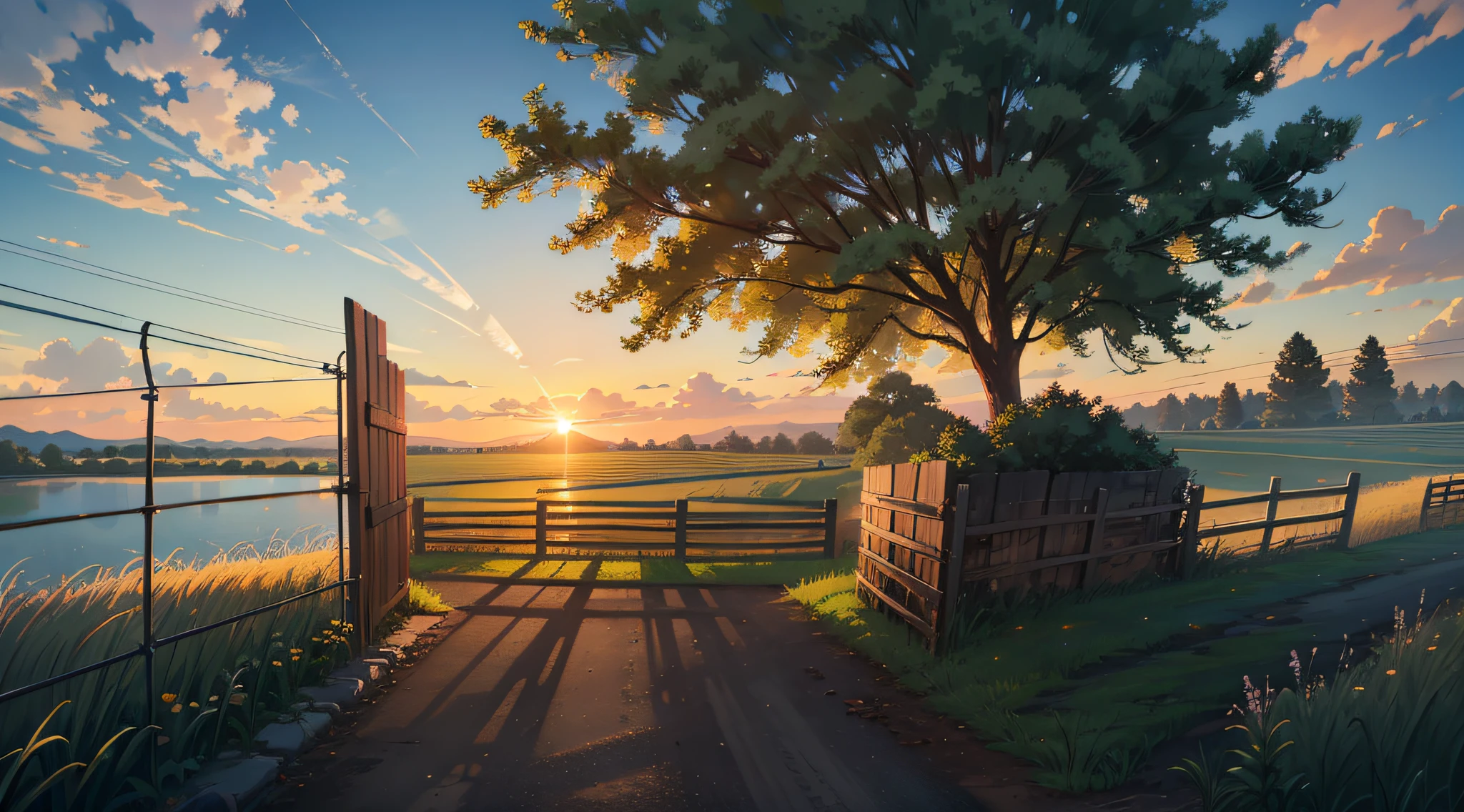 rural landscape, fence, grass, tree, sunset, lake, dirt road, hyper lighting, best lighting, HD, masterpiece, high quality, highres, best quality, artwork, anime style, hyper quality