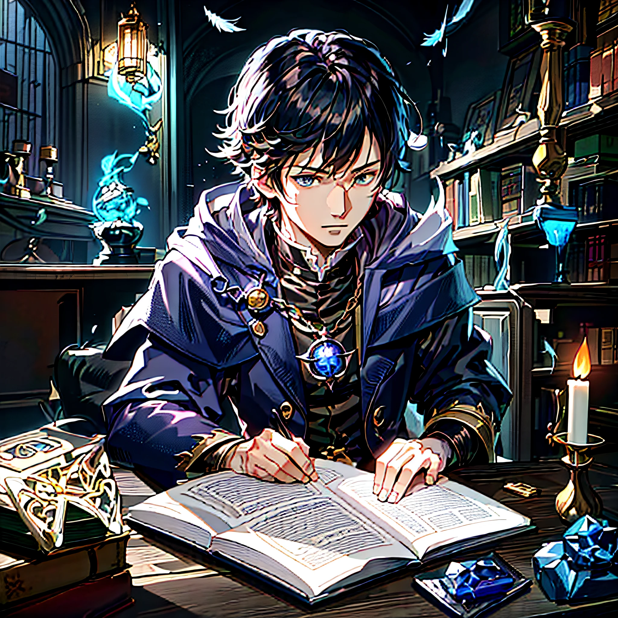 Anime character sitting at table with book and candle, RPG book portrait, mage portrait, black-haired mage, alchemist library background, role playing game art, Yang J, he is in alchemist's lab, thin young male alchemist, wizard is sitting at desk reading, art book artwork, Merlin portrait, handwriting, cartoon style --auto --s2