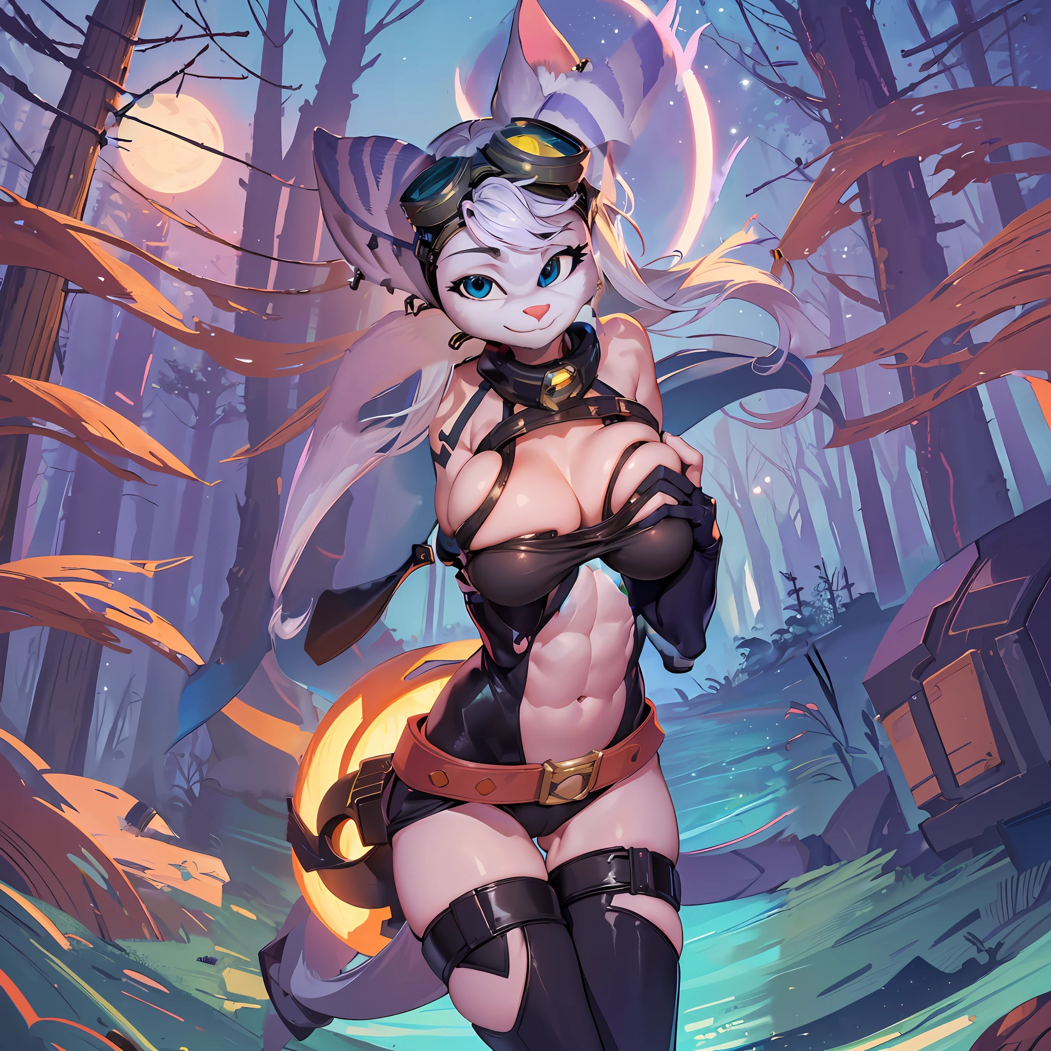 masterpiece,best quality, 8k,1girl,((furry)) , rivetlombax, blue eyes, animal ears, earrings, goggles on head, bangs, mechanical arms, scarf, bodysuit, belt, 1tail, (tail is attached to the ass) , forest, smile, not human, ass big,(looking flirtie) ,smile,forest,cartoon style, cute, (breast:1.7), full body picture, thick thighs, camel toe, night city, night time sky full of stars, arms crossed, Ratchet and Clank, ((( bottom body, belly, abs, legs, arm, 5 finger on hand,