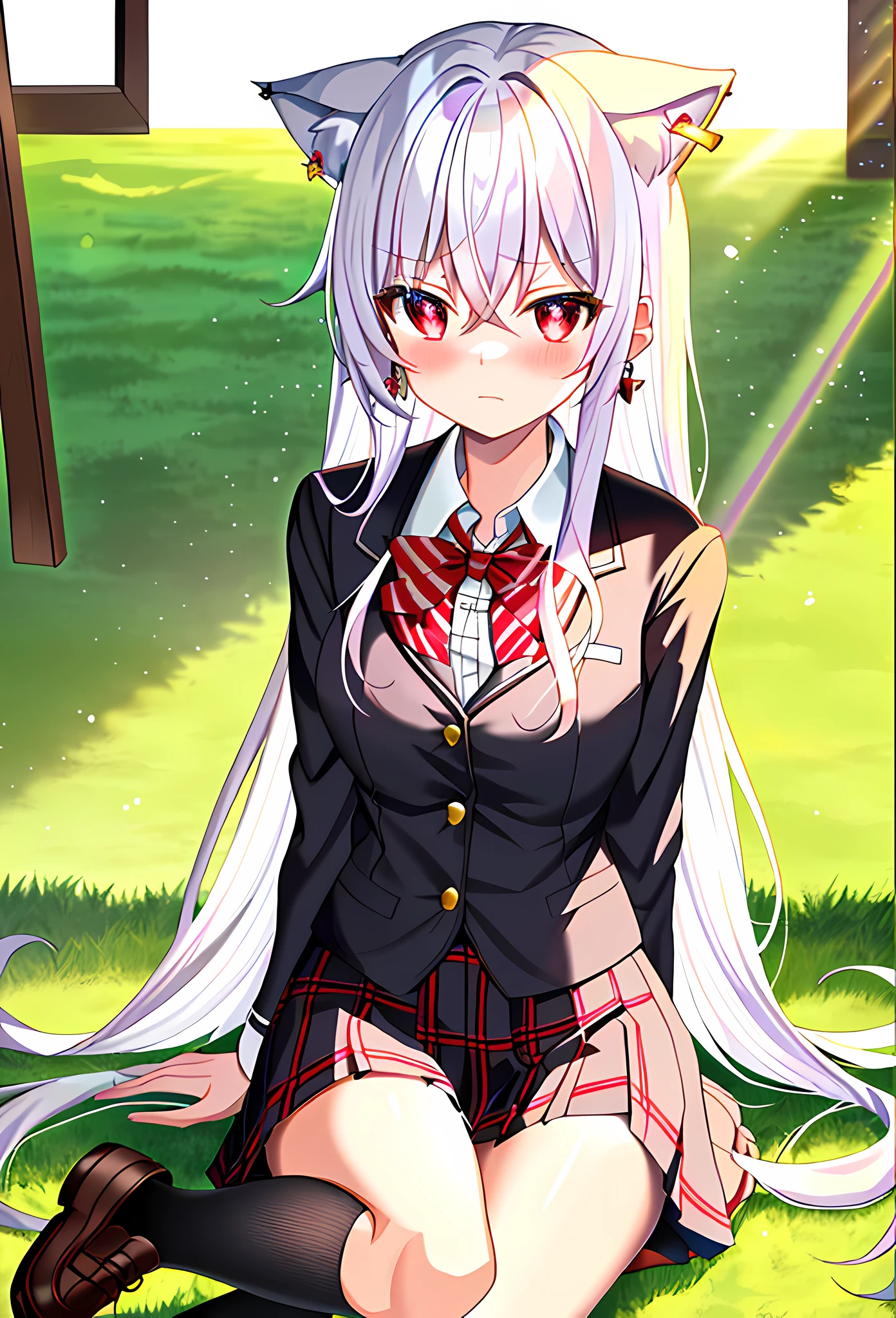 (masterpiece, reflections, atmospheric lighting, dynamic lighting), best quality, 1girl, perfect figure, perfect face, white hair, luscious long hair, curly hair, cat ears, deep ruby red eyes, glowing red eyes, delicate legs, blushing, embarrassed, shy, nervous, standing, red gem dangling earrings, summer school uniform, preppy school uniform, black school jacket, white school shirt, black checkered school skirt, black knee high socks, brown school shoes, summer, sun rays, grass field with flowers, hands behind back