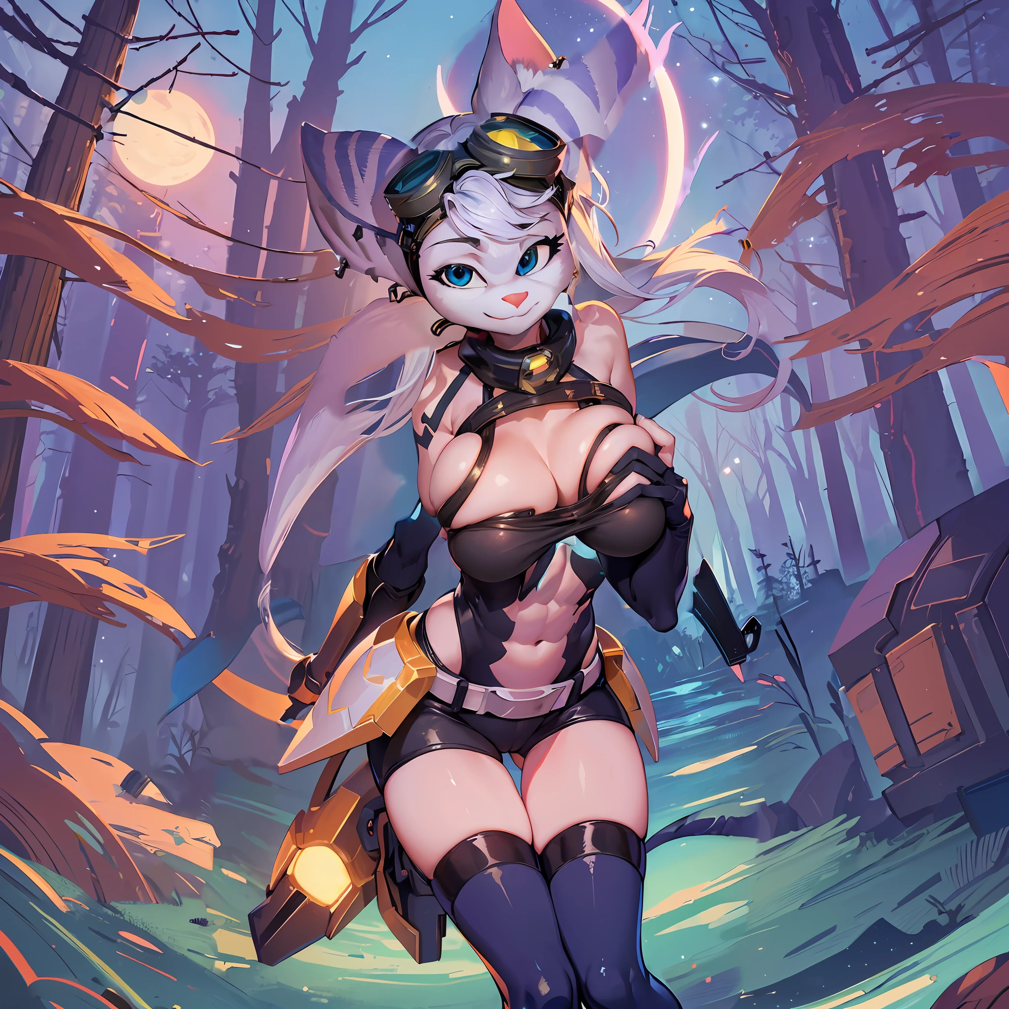 masterpiece,best quality, 8k,1girl,((furry)) , rivetlombax, blue eyes, animal ears, earrings, goggles on head, bangs, mechanical arms, scarf, bodysuit, belt, 1tail, (tail is attached to the ass) , forest, smile, not human, ass big,(looking flirtie) ,smile,forest,cartoon style, cute, (breast:1.7), full body picture, thick thighs, camel toe, night city, night time sky full of stars, arms crossed, Ratchet and Clank, ((( bottom body, belly, abs, legs, arm, 5 finger on hand,