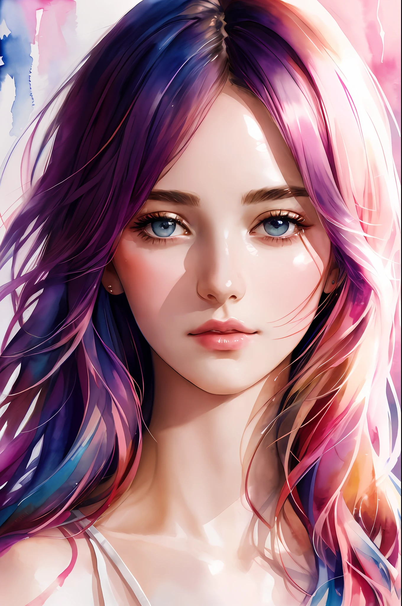 (8k, best quality, masterpiece:1.2),(best quality:1.0), (ultra highres:1.0), watercolor, a beautiful woman, shoulder, hair ribbons, by agnes cecile, half body portrait, extremely luminous bright design, pastel colors, (ink:1.3), autumn lights,