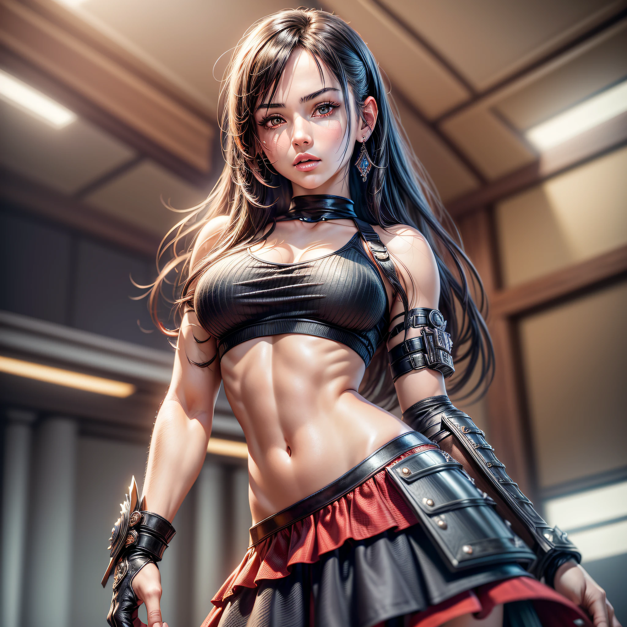 (masterpiece, best quality), intricate details, (Best quality)), ((masterpiece)), ((realistic)), (hyperrealism:1.2), (fractal art:1.2), 1girl,tifa, red eyes, gauntlet, elbow pad, skirt, crop top, tifa lockhart, extreme detailed eyes, colorful, highest detailed, vibrant colors, high contrast, (8K UHD:1.2), (photorealistic:1.2),