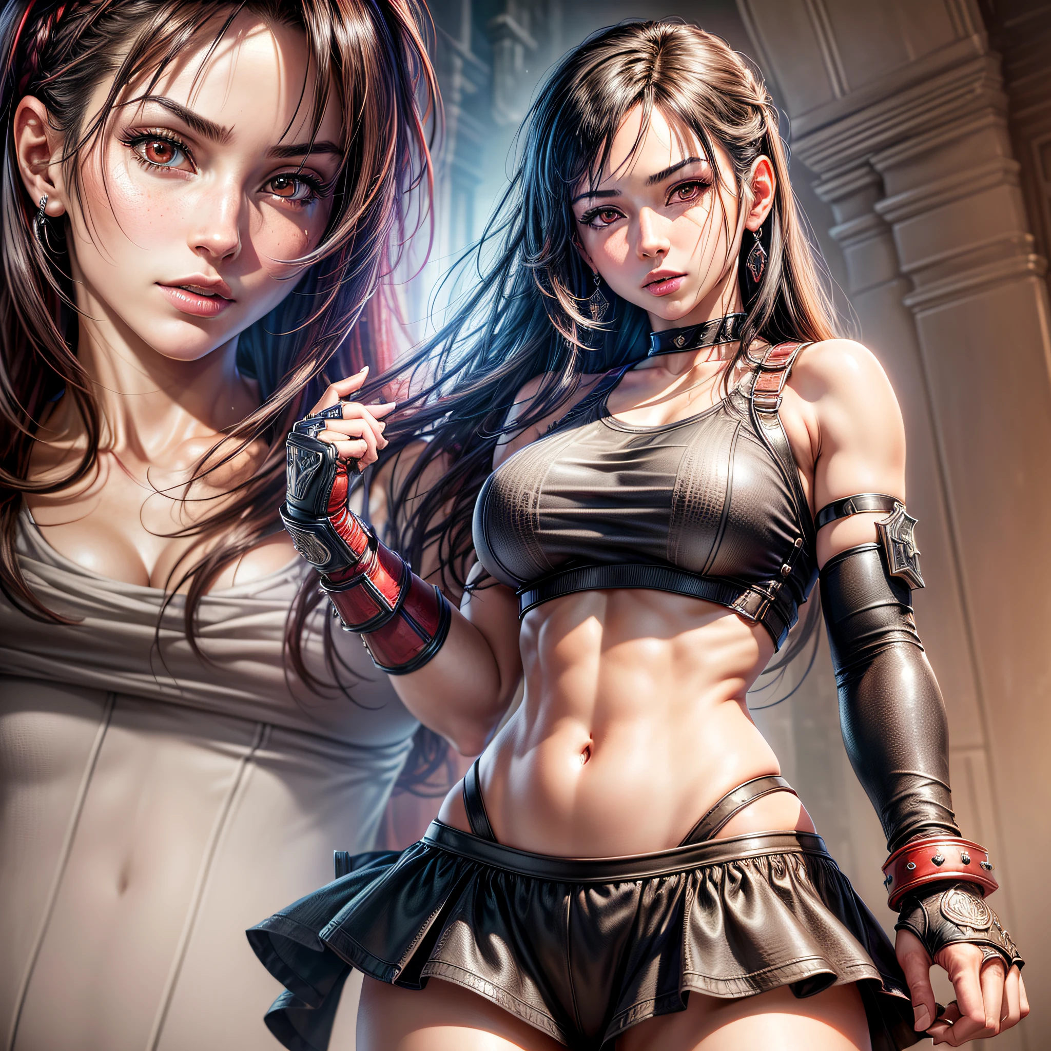 (masterpiece, best quality), intricate details, (Best quality)), ((masterpiece)), ((realistic)), (hyperrealism:1.2), (fractal art:1.2), 1girl,tifa, red eyes, gauntlet, elbow pad, skirt, crop top, tifa lockhart, extreme detailed eyes, colorful, highest detailed, vibrant colors, high contrast, (8K UHD:1.2), (photorealistic:1.2),