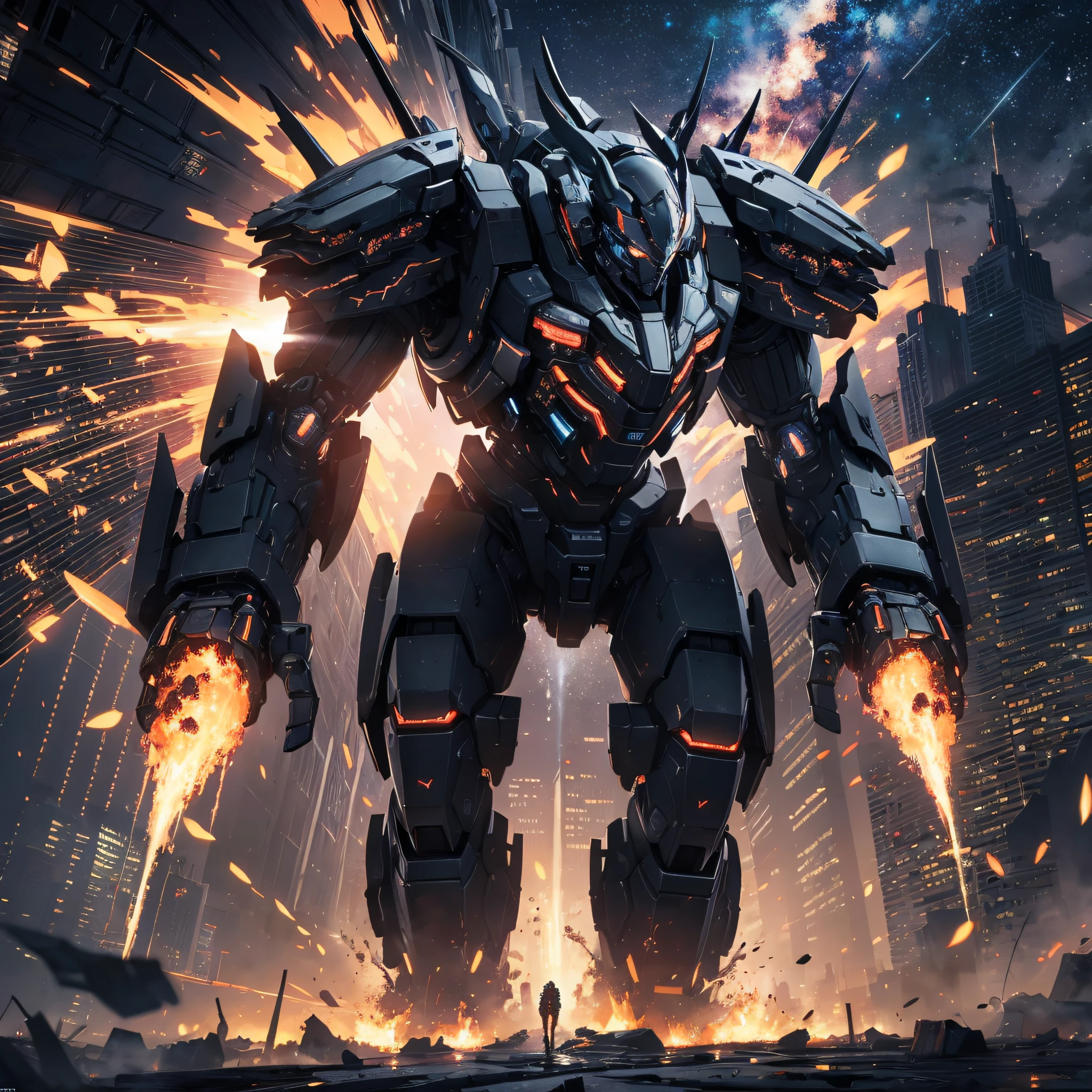 Absurd resolution, high resolution, (masterpiece: 1.4), hyper-detail, night, a mech, black armor, battle, monster, attack, fire, shock
