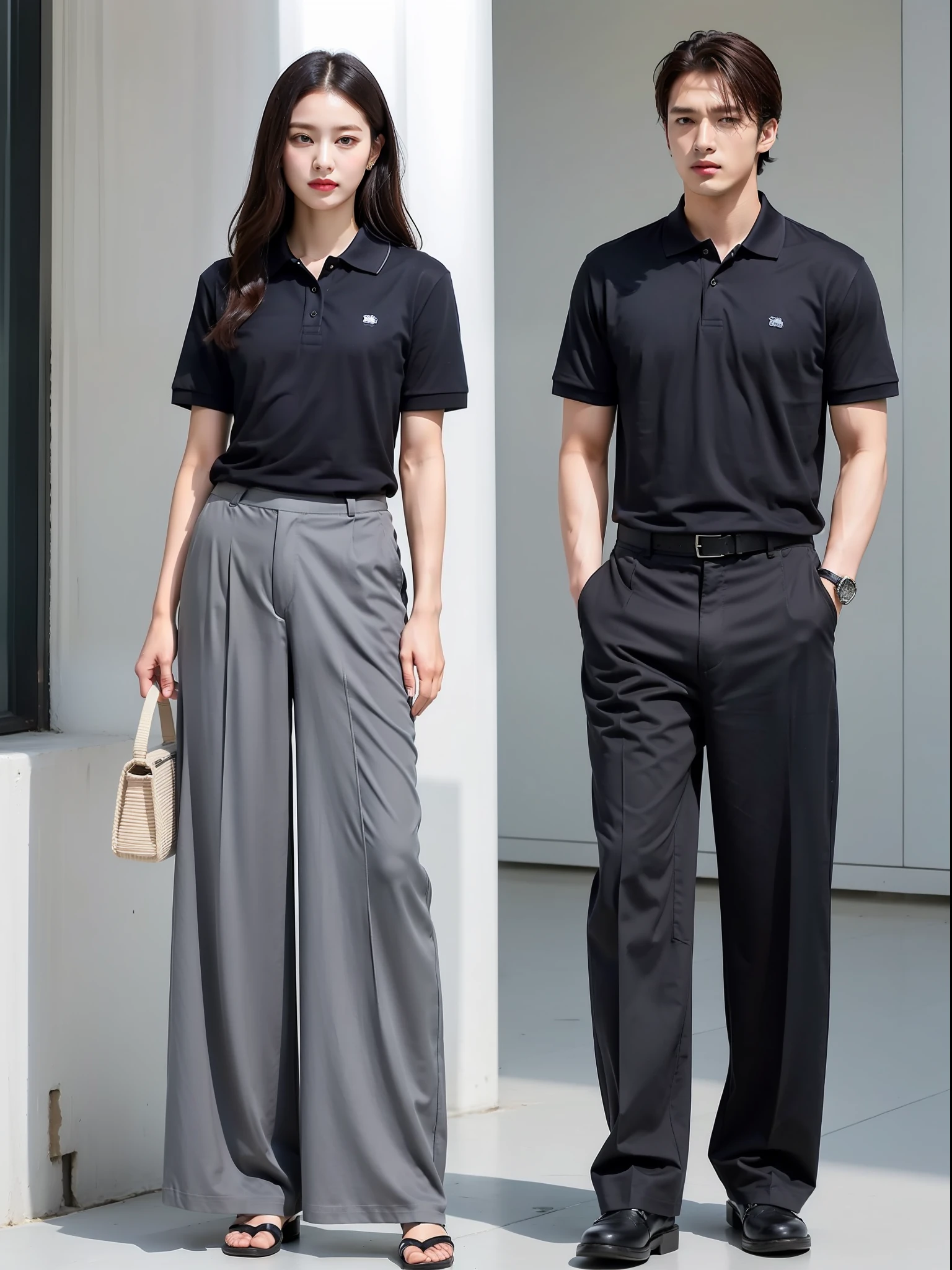 "Dark gray polo shirt with loose wide-leg pants." gentleman