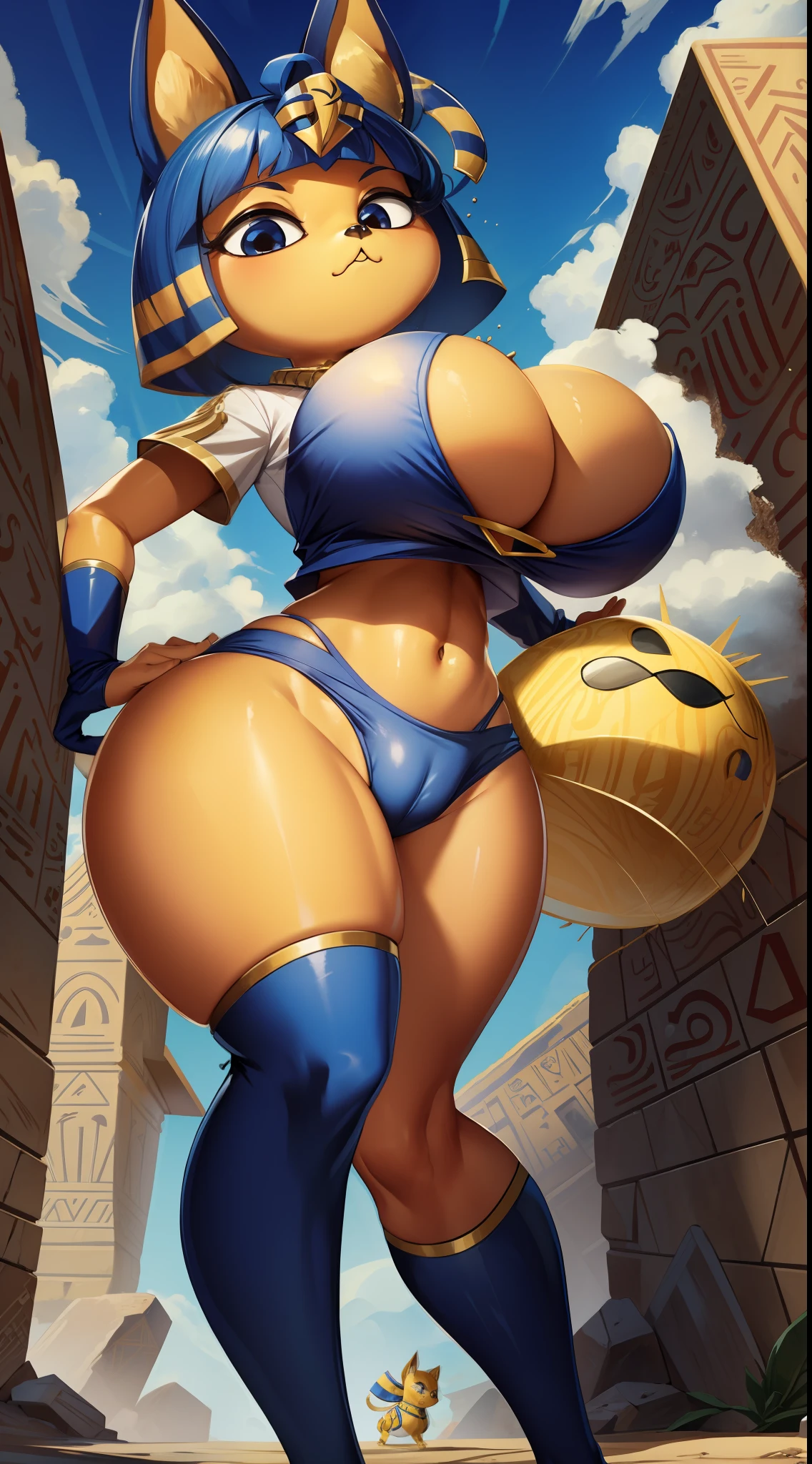 (masterpiece, best quality), intricate details, 8k, artstation, wallpaper, official art, splash art, sharp focus, Ankha (Animal Crossing), Ankha, yellow skin, hands on hips, from below, looking at viewer, smug, standing, GTSCity, Looming, Stepping, Rampage, egyptian, pyramids, ruins, desert, sand, sphinx, ;3, uwu, catmouth, cameltoe, (huge breasts, breast expansion:1.3), giantess, giant, as big as the pyramids