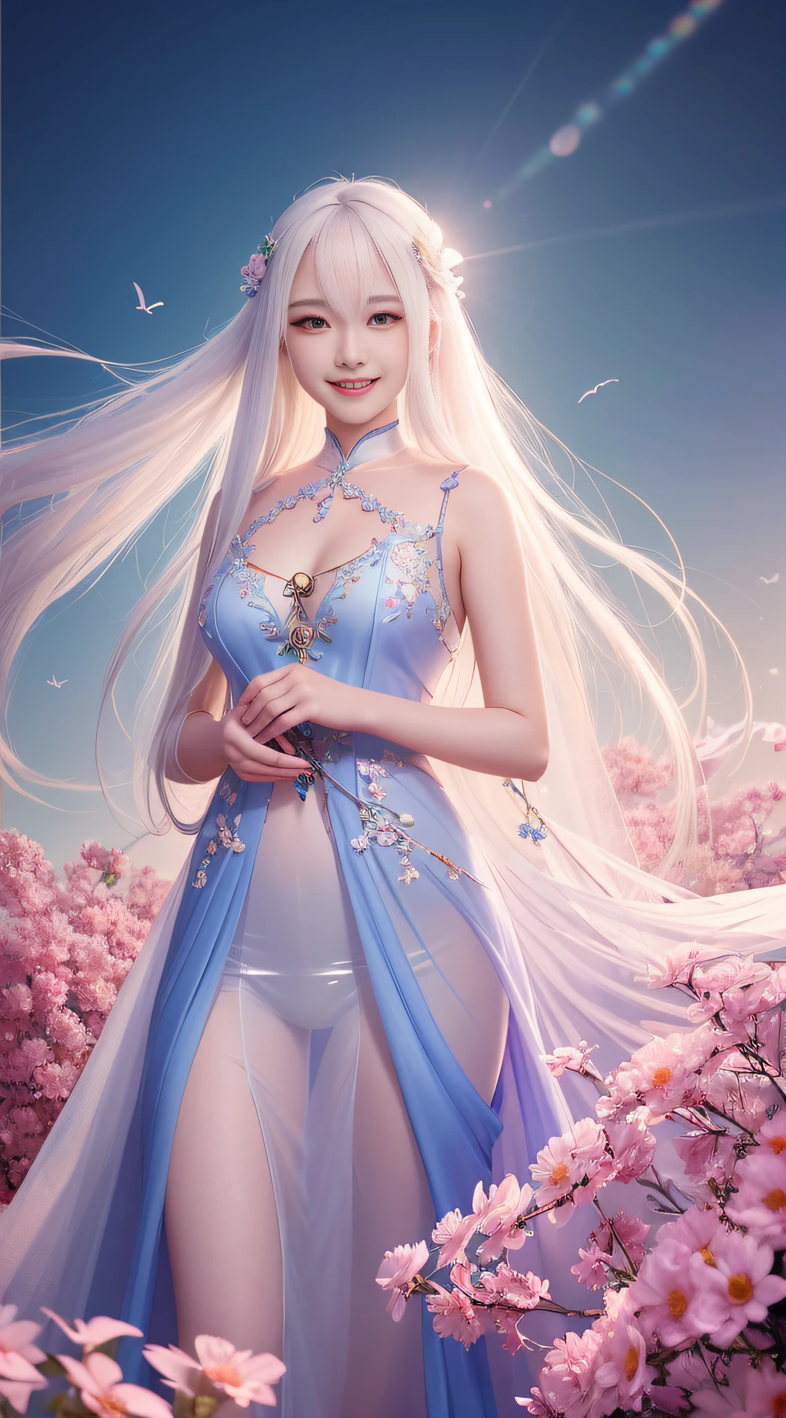(( smiling fine silk transparent)) girl with long white hair and dress with flowers, digital art inspired by Ai Xuan, trend in CG society, fantasy art, ((beautiful fantasy queen)), ethereal beauty, beautiful fantasy queen, 8k high quality detail art, beautiful fantasy anime, ethereal fantasy, beautiful young wind spirit, guweiz, cgstation trend