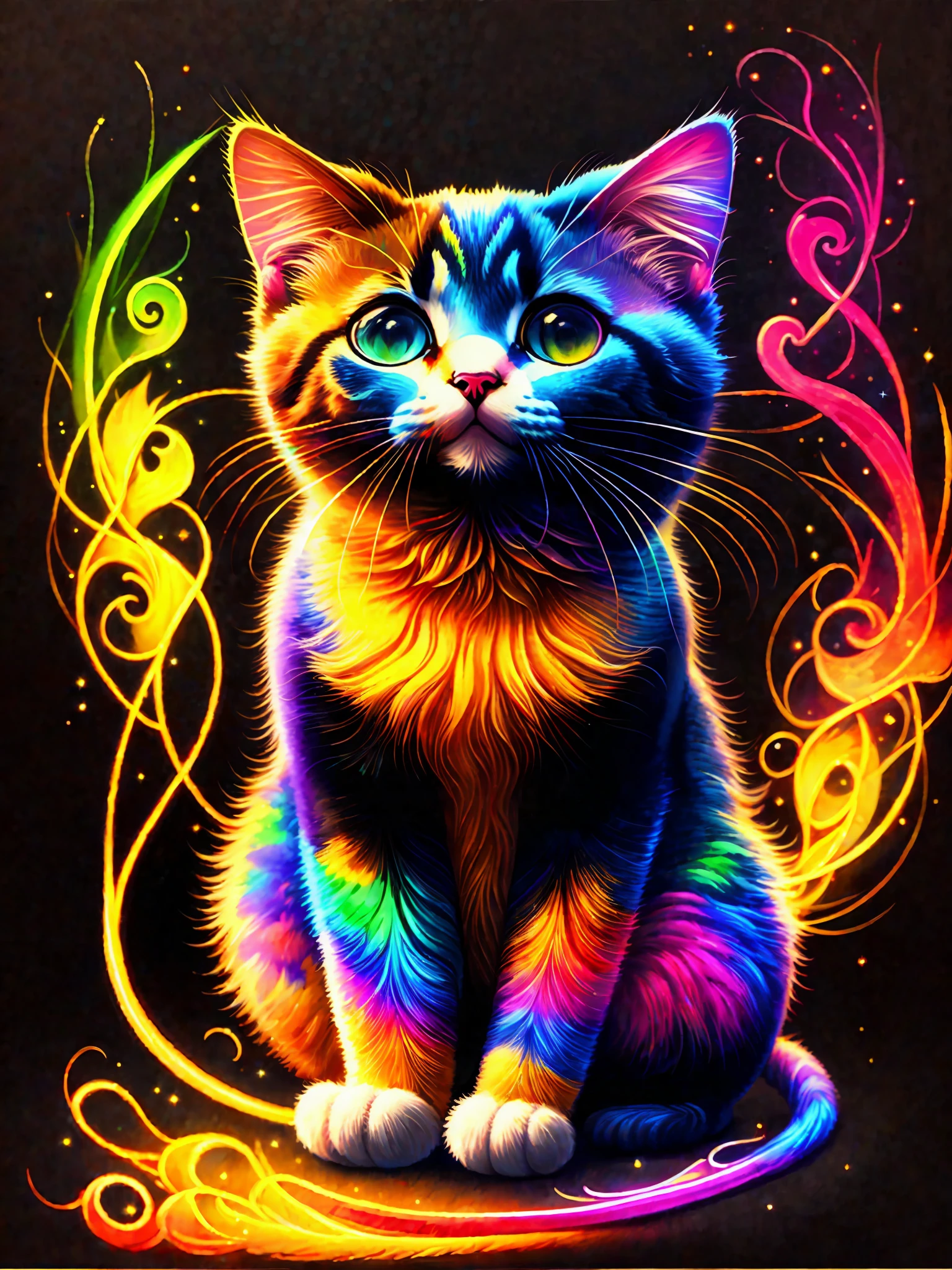 a painting of a colorful cat on a black background,, breathtaking rendering, within a radiant connection, inspired by Kinuko Y. Craft,, magical elements, kitten icon, wow, is beautiful, casting a multi colorful spell, bright flash, flash