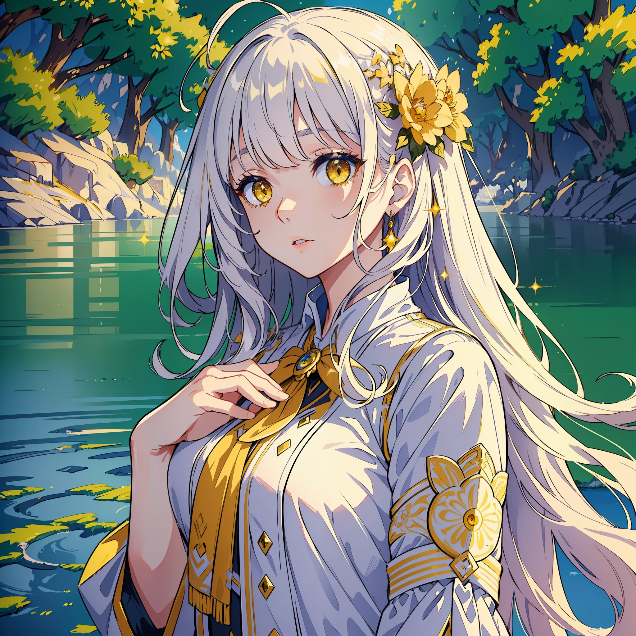 (masterpiece:1.2), (artwork:1.2), (amazing workmanship:1.2), (eye details:1.3), (portrait:1.1), (1girl) with long white hair with (bangs)wearing a nice white blouse, (detailed 8k CG scenery:1.3), beautiful background of amazing lake scenery, (vibrant bright sparkling yellow eyes:1.2), (Wlop style:1.4)