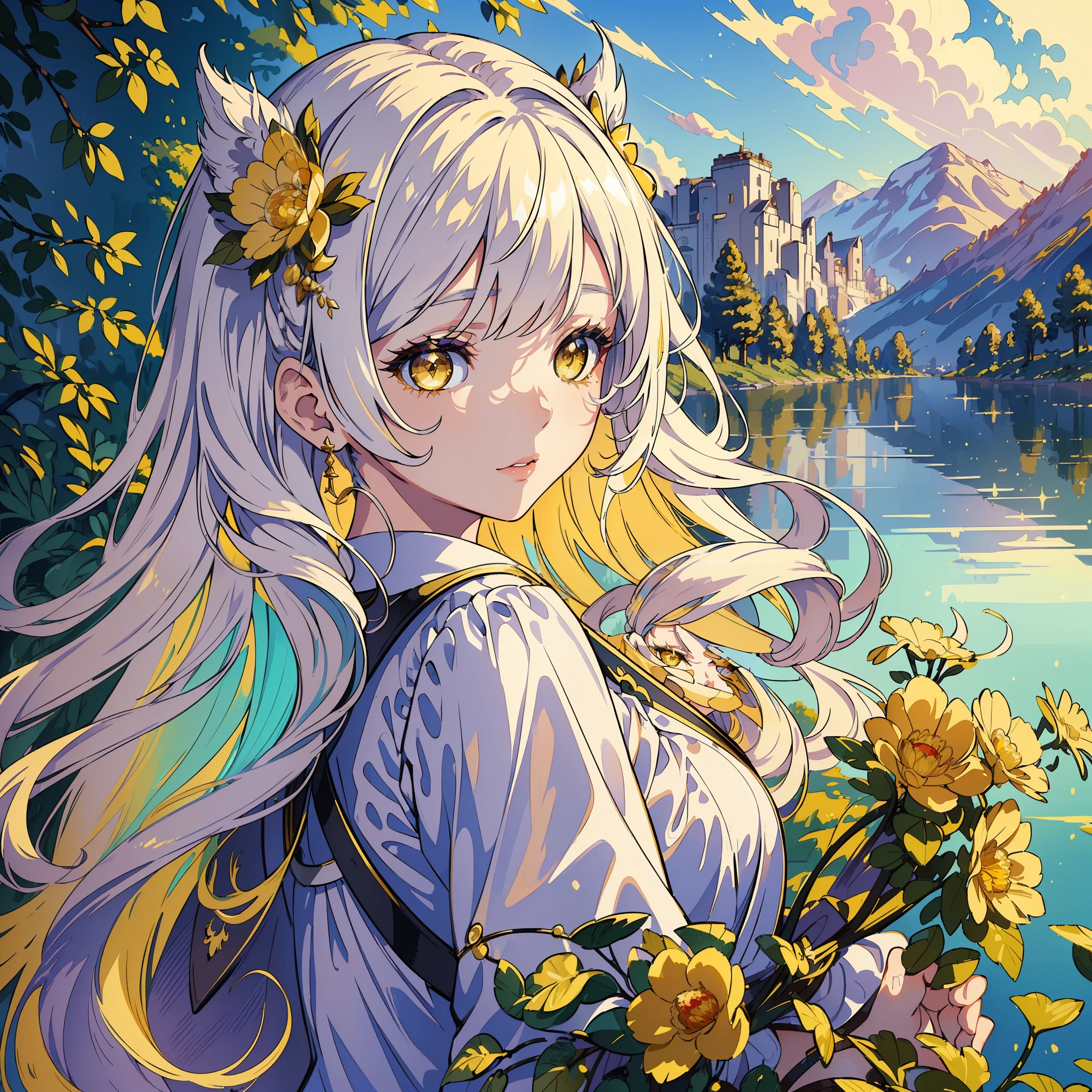 (masterpiece:1.2), (artwork:1.2), (amazing workmanship:1.2), (eye details:1.3), (portrait:1.1), (1girl) with long white hair with (bangs)wearing a nice white blouse, (detailed 8k CG scenery:1.3), beautiful background of amazing lake scenery, (vibrant bright sparkling yellow eyes:1.2), (Wlop style:1.4)