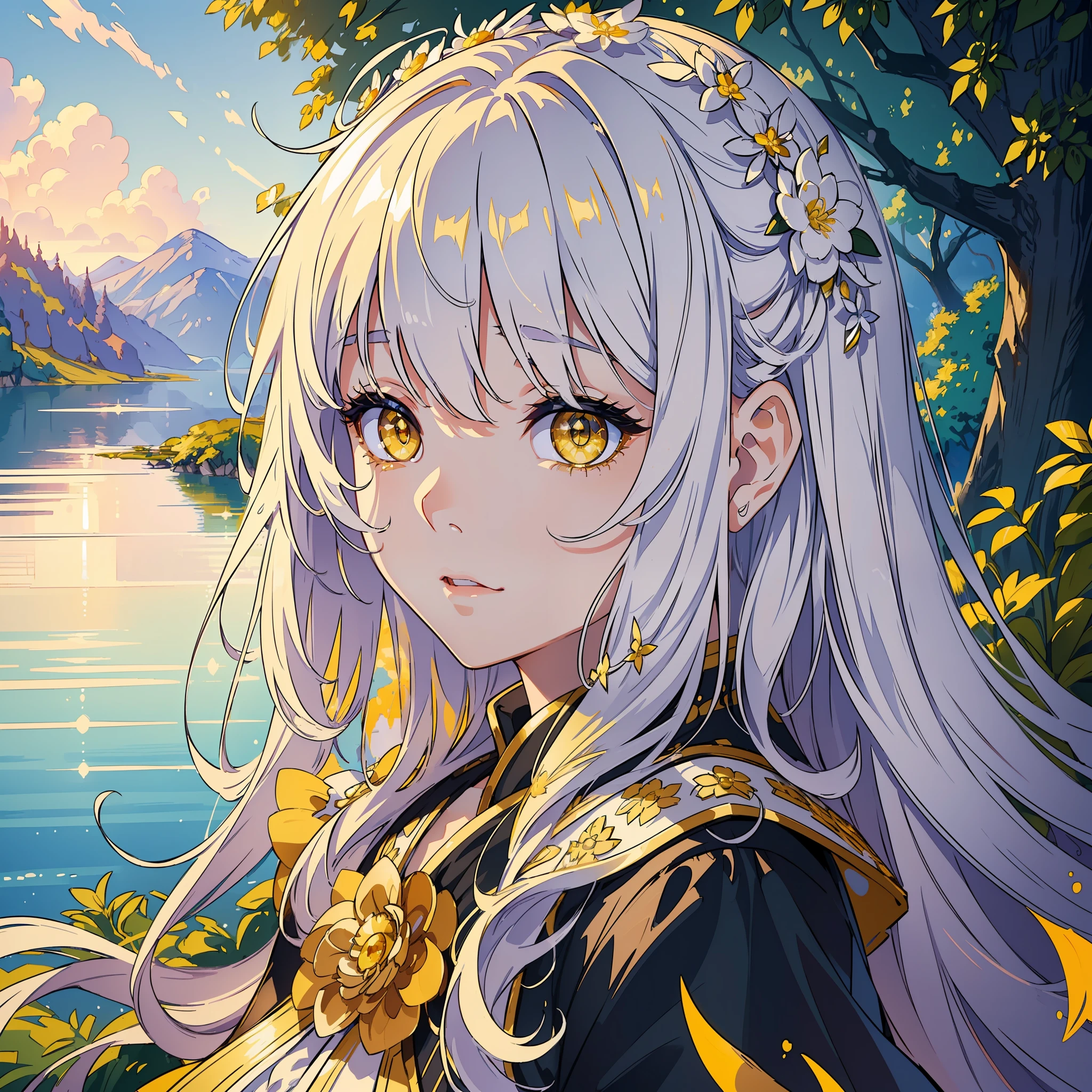(masterpiece:1.2), (artwork:1.2), (amazing workmanship:1.2), (eye details:1.3), (portrait:1.1), (1girl) with long white hair with (bangs)wearing a nice white blouse, (detailed 8k CG scenery:1.3), beautiful background of amazing lake scenery, (vibrant bright sparkling yellow eyes:1.2), (Wlop style:1.4)