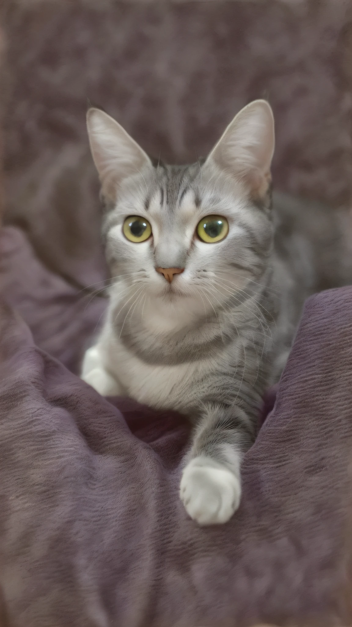 there is a cat that is laying down on a purple blanket, short light grey whiskers, cat female with a whit and chest, a handsome, photo of a cat, glaring at the camera, young female, with cute doting eyes, cute furry needs your help, lovingly looking at camera, looking to camera, looking straight to camera, front portrait