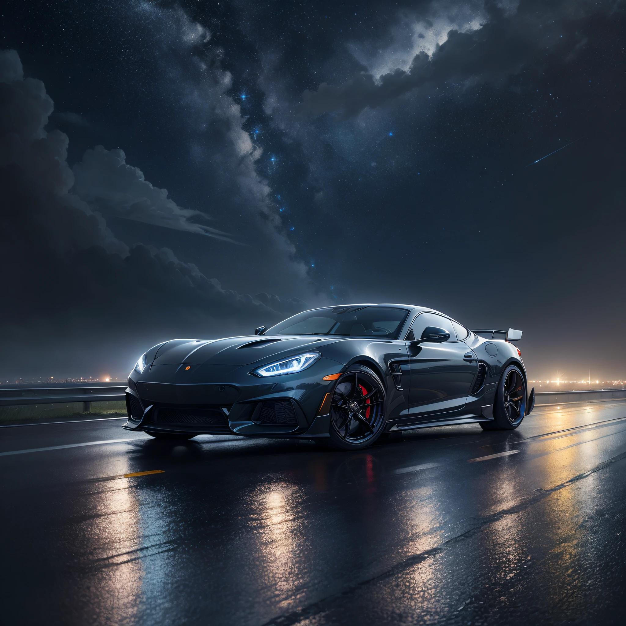Detailed starry sky, sports car driving on rainy highway, no one, official art, best quality, body streamer, starlight body, metallic texture,