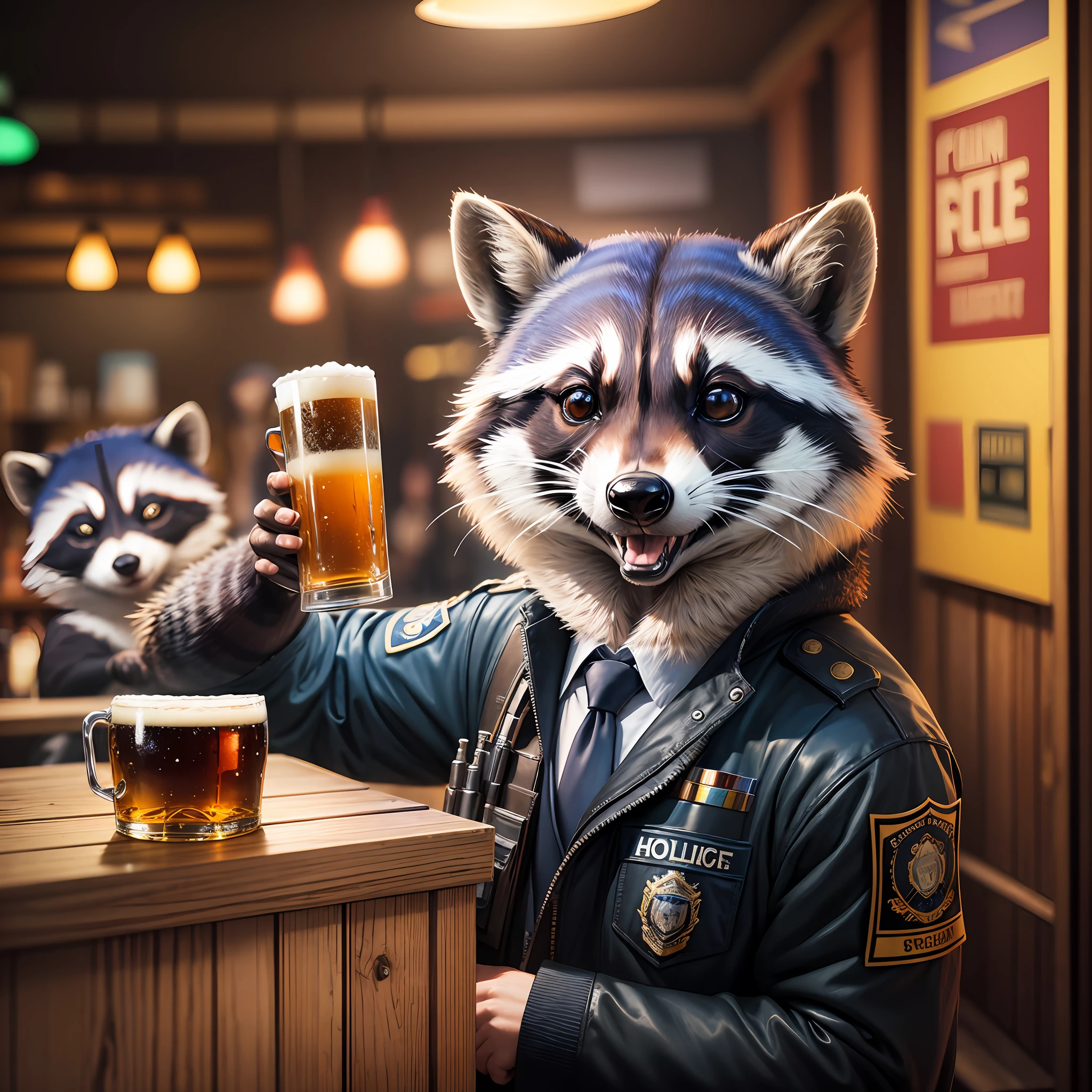 masterpiece, best quality, 8K, colorful, photorealistic, HDR, high detail, wallpaper, raccoon, police uniform, in a pub, drinking beer, hold a cup of beer, warm light, night, --auto --s2
