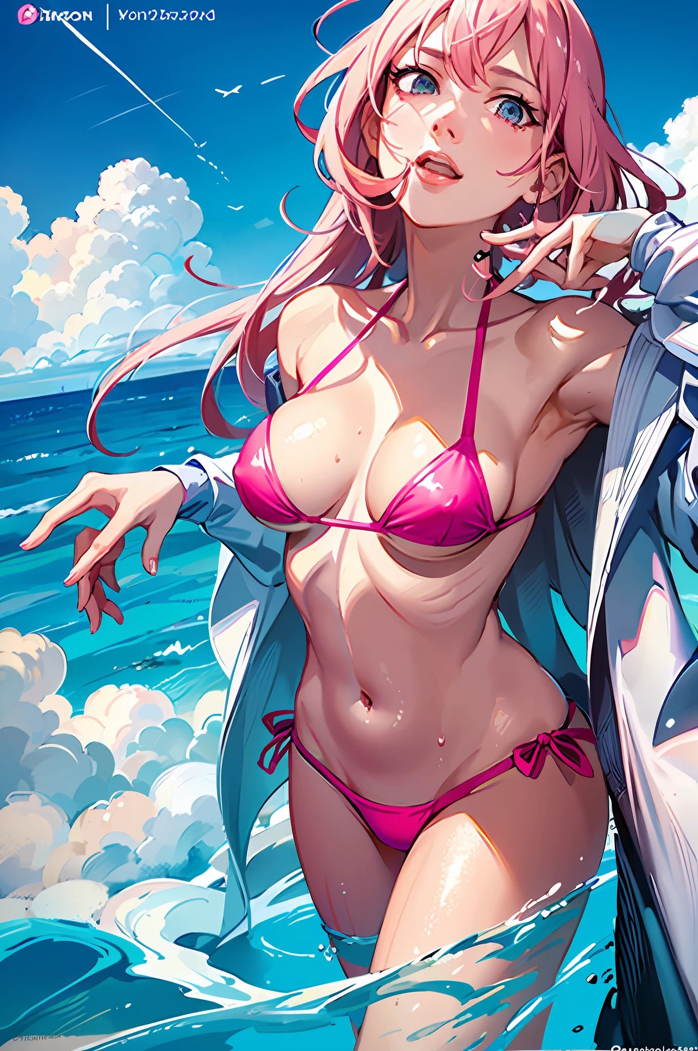 arafed woman in a pink bikini standing in the water, shiny plastic bikini, wet swimsuit, realistic bikini, bubblegum body, swimsuit, metal bikini, cute bikini, sexy girl, pink body, light pink bikini, pale pink bikini, sexy body, amouranth, swimsuit model, gorgeous bikini model, bikini armor, bikini model, in bikini